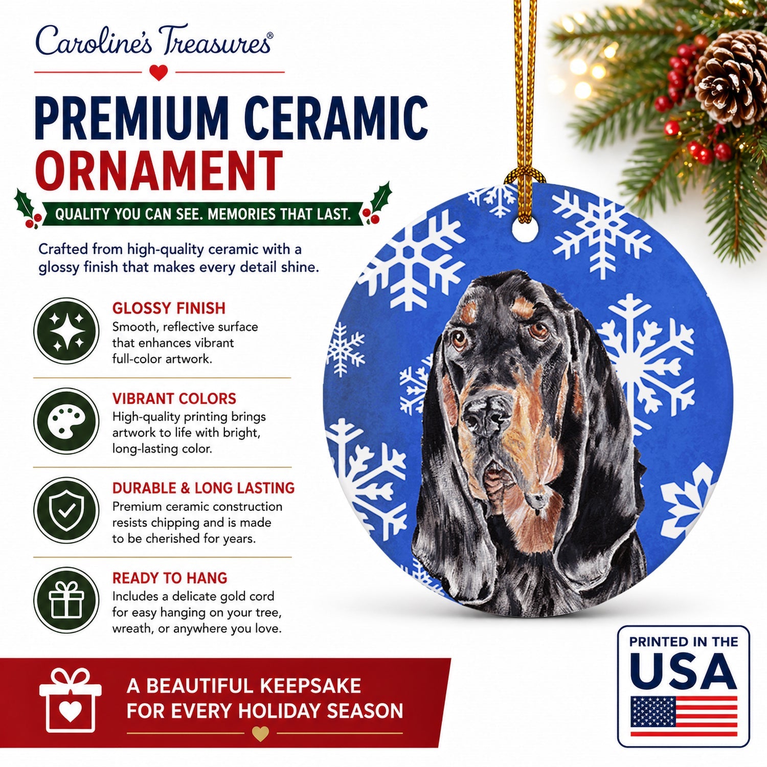 Black and Tan Coonhound Winter Snowflakes Ceramic Ornament Christmas Tree Hanging Decorations for Home Christmas Holiday, Party, Gift, 3 in, Multicolor
