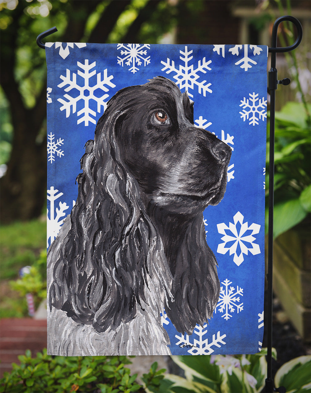 Black Cocker Spaniel Winter Snowflakes Garden Flag Mailbox Decorative Yard Banner Outside Patio Artwork for Flower Beds, Garden Size, Multicolor