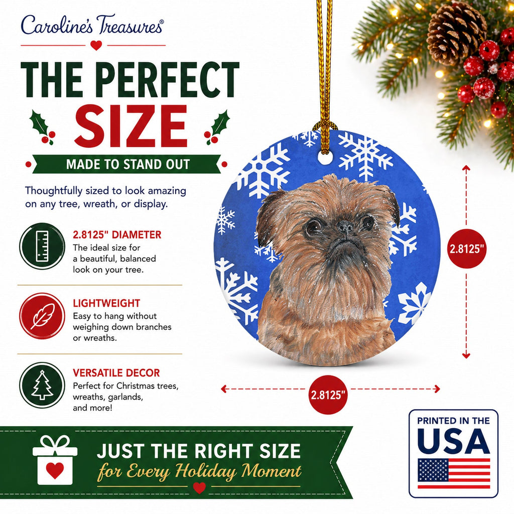 Brussels Griffon Winter Snowflakes Ceramic Ornament Christmas Tree Hanging Decorations for Home Christmas Holiday, Party, Gift, 3 in, Multicolor