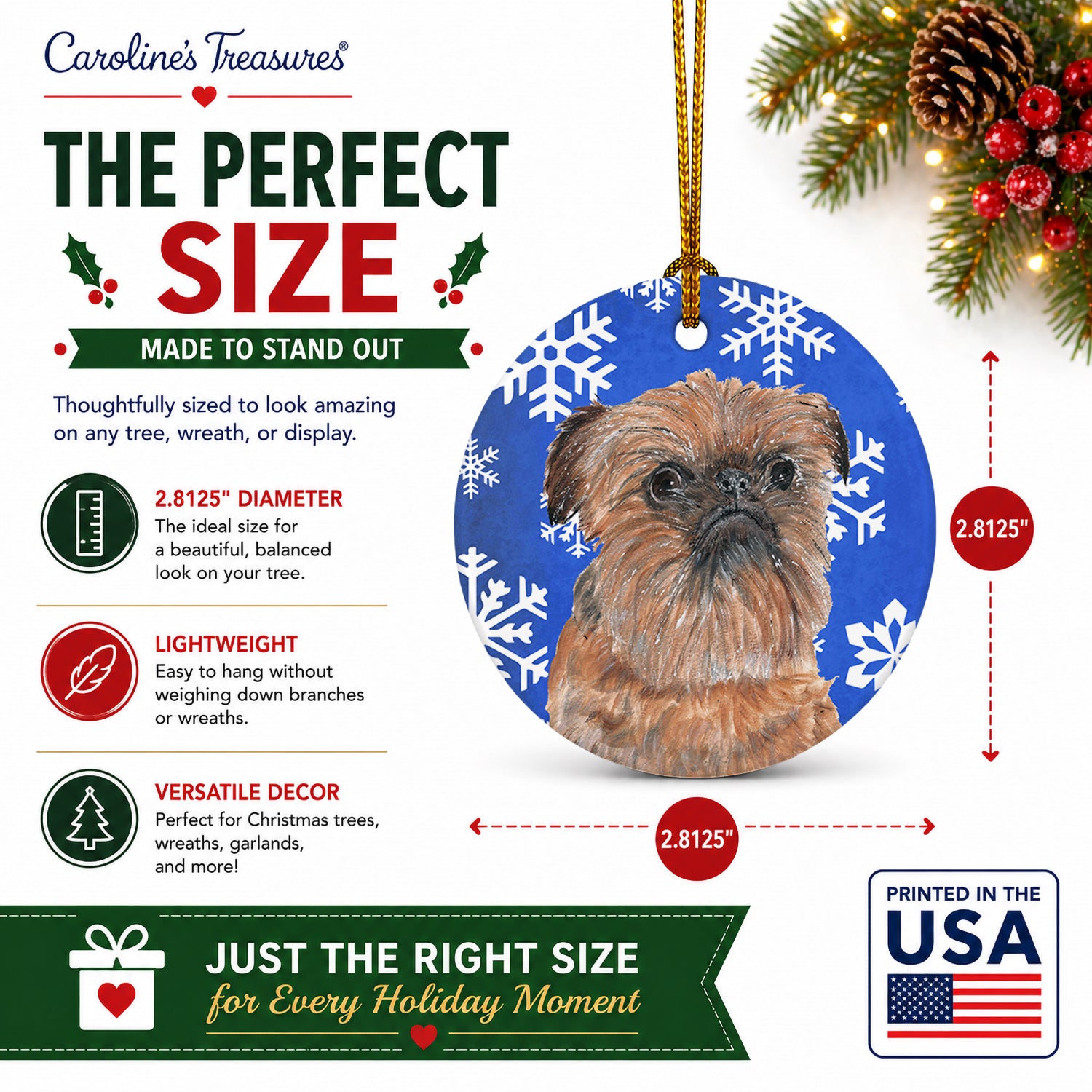 Brussels Griffon Winter Snowflakes Ceramic Ornament Christmas Tree Hanging Decorations for Home Christmas Holiday, Party, Gift, 3 in, Multicolor