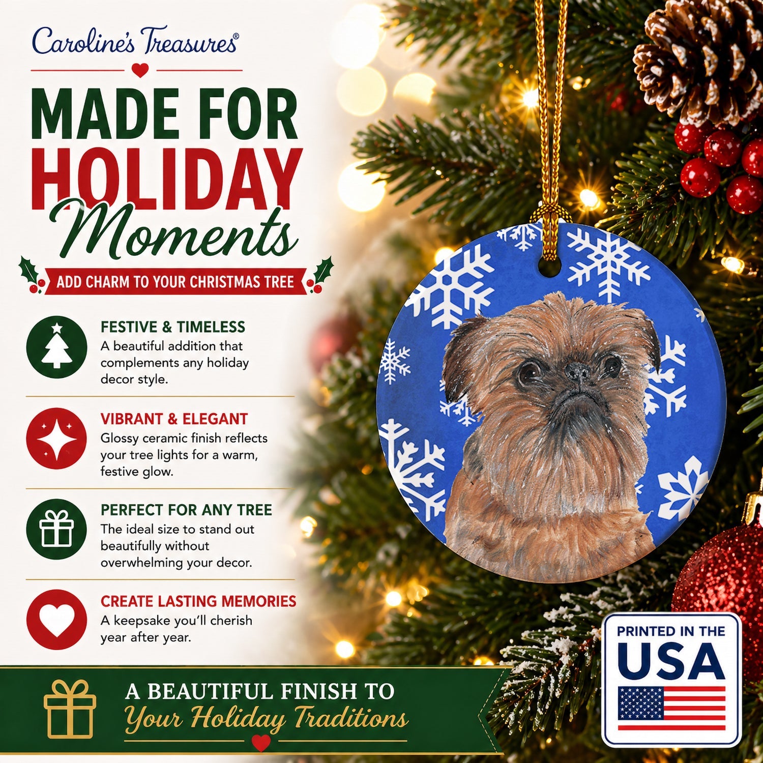 Brussels Griffon Winter Snowflakes Ceramic Ornament Christmas Tree Hanging Decorations for Home Christmas Holiday, Party, Gift, 3 in, Multicolor