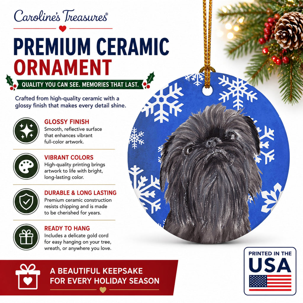 Brussels Griffon Winter Snowflakes Ceramic Ornament Christmas Tree Hanging Decorations for Home Christmas Holiday, Party, Gift, 3 in, Multicolor