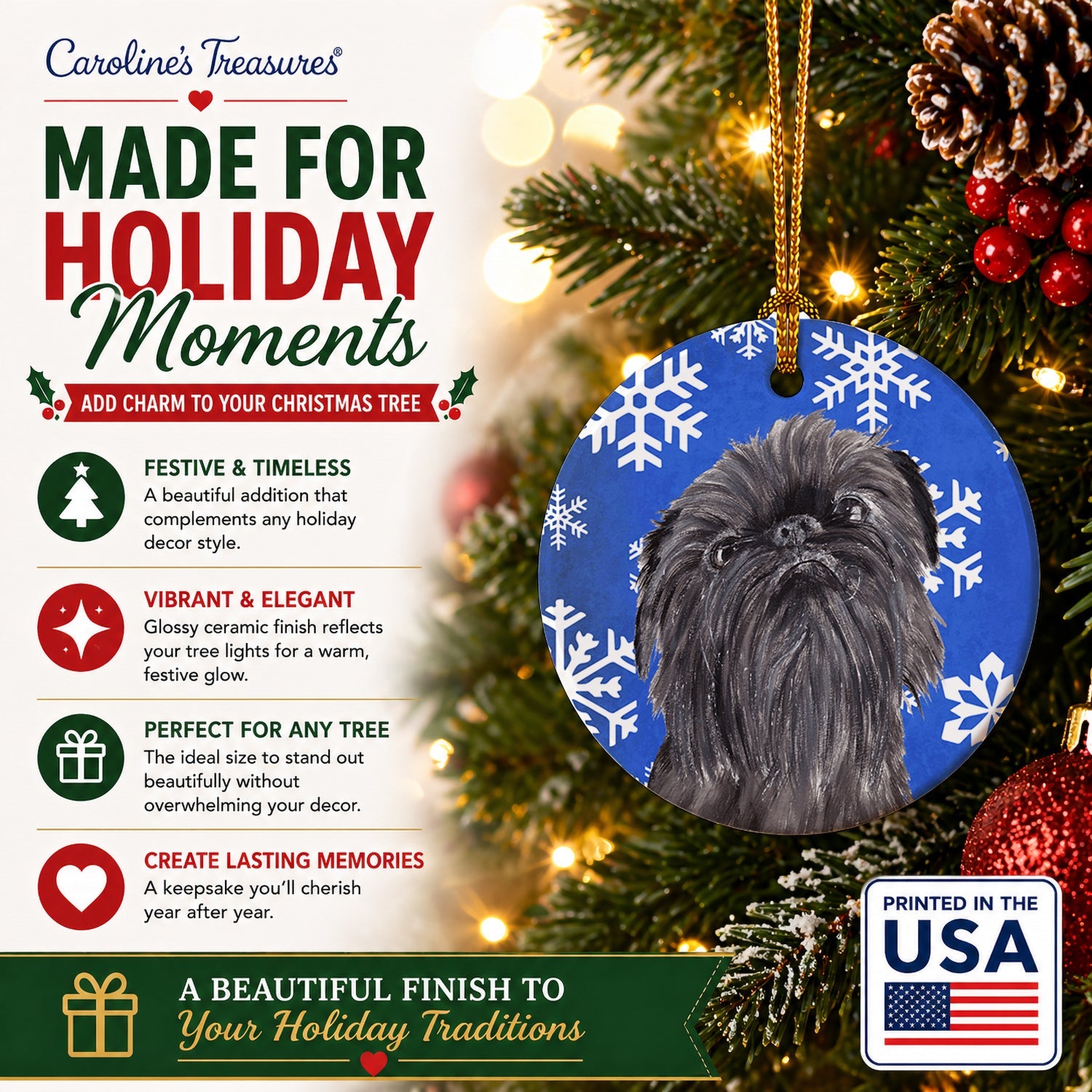 Brussels Griffon Winter Snowflakes Ceramic Ornament Christmas Tree Hanging Decorations for Home Christmas Holiday, Party, Gift, 3 in, Multicolor