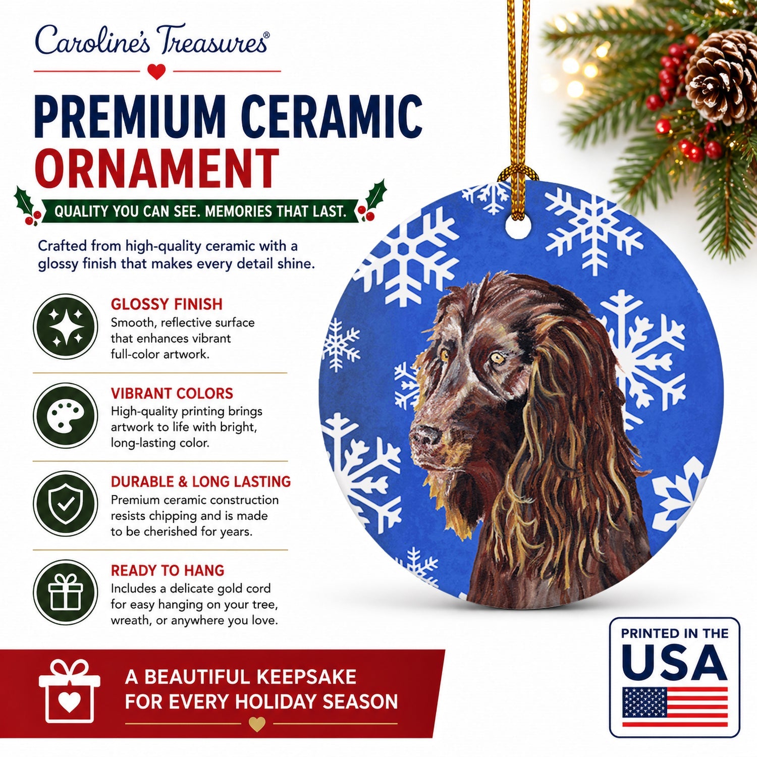 Boykin Spaniel Winter Snowflakes Ceramic Ornament Christmas Tree Hanging Decorations for Home Christmas Holiday, Party, Gift, 3 in, Multicolor