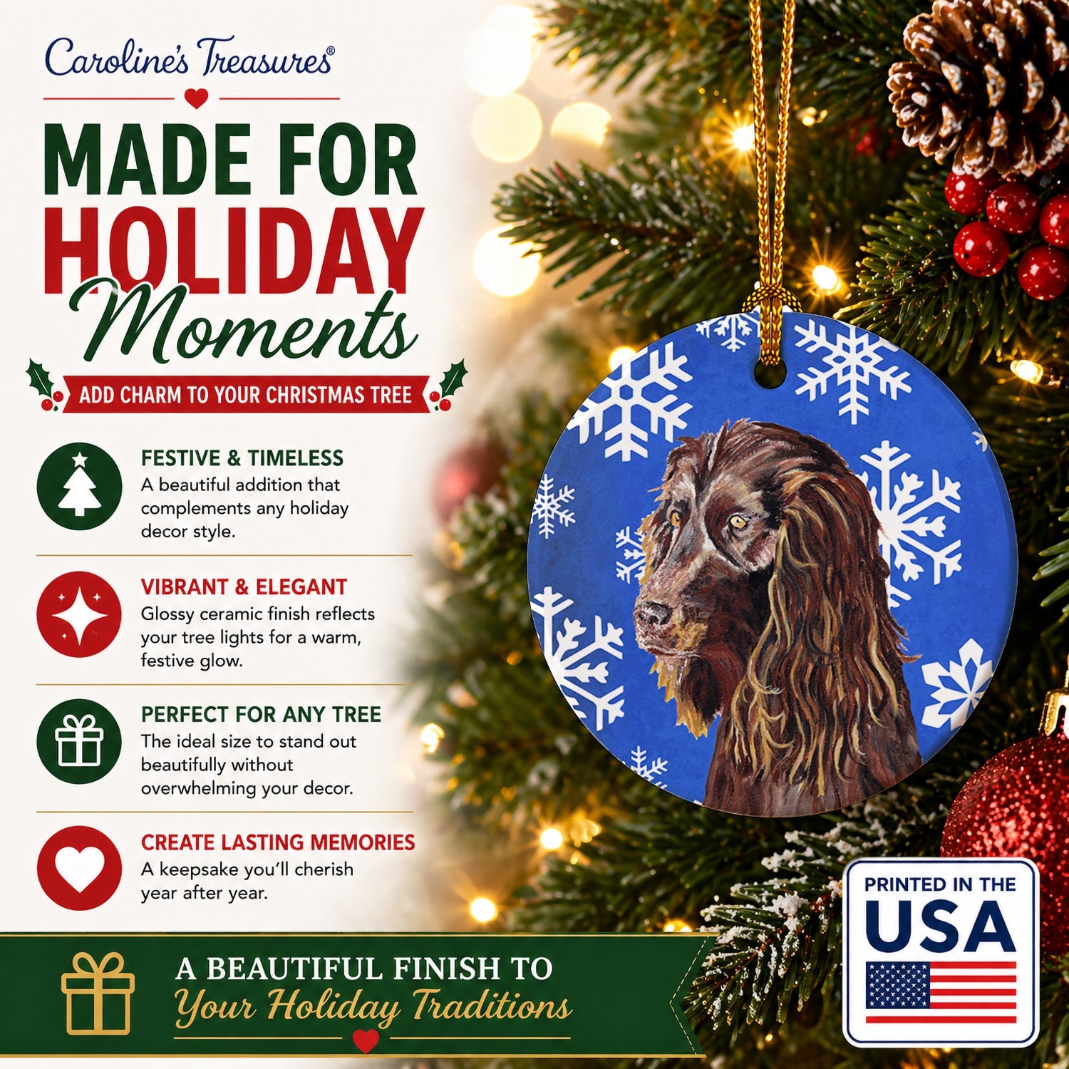 Boykin Spaniel Winter Snowflakes Ceramic Ornament Christmas Tree Hanging Decorations for Home Christmas Holiday, Party, Gift, 3 in, Multicolor