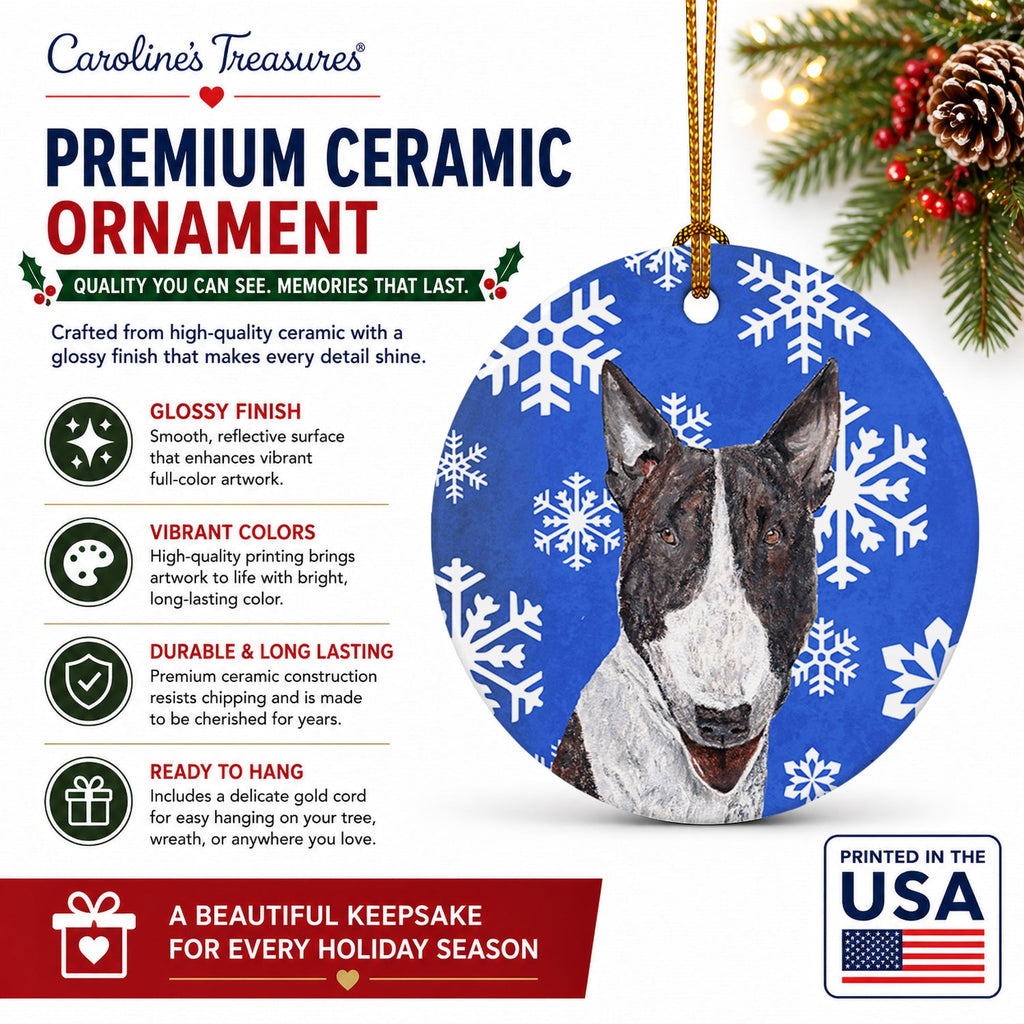 Bull Terrier Winter Snowflakes Ceramic Ornament Christmas Tree Hanging Decorations for Home Christmas Holiday, Party, Gift, 3 in, Multicolor