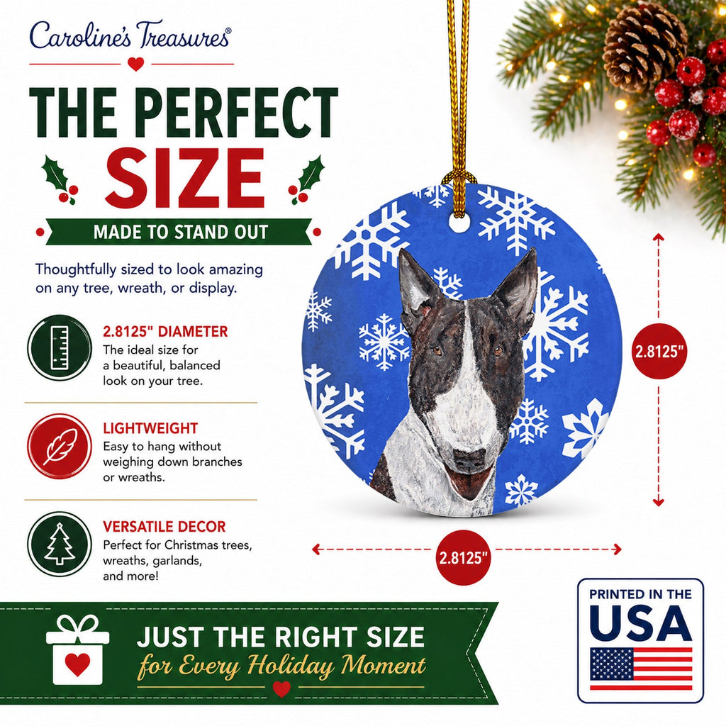 Bull Terrier Winter Snowflakes Ceramic Ornament Christmas Tree Hanging Decorations for Home Christmas Holiday, Party, Gift, 3 in, Multicolor