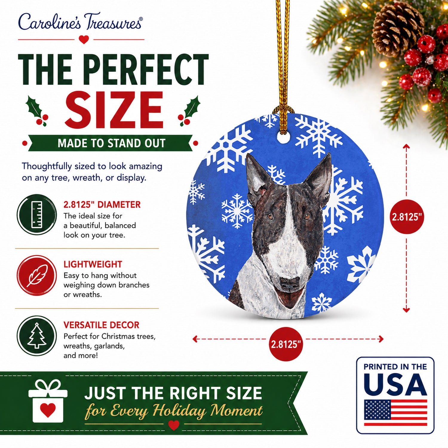 Bull Terrier Winter Snowflakes Ceramic Ornament Christmas Tree Hanging Decorations for Home Christmas Holiday, Party, Gift, 3 in, Multicolor