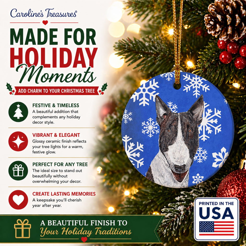 Bull Terrier Winter Snowflakes Ceramic Ornament Christmas Tree Hanging Decorations for Home Christmas Holiday, Party, Gift, 3 in, Multicolor