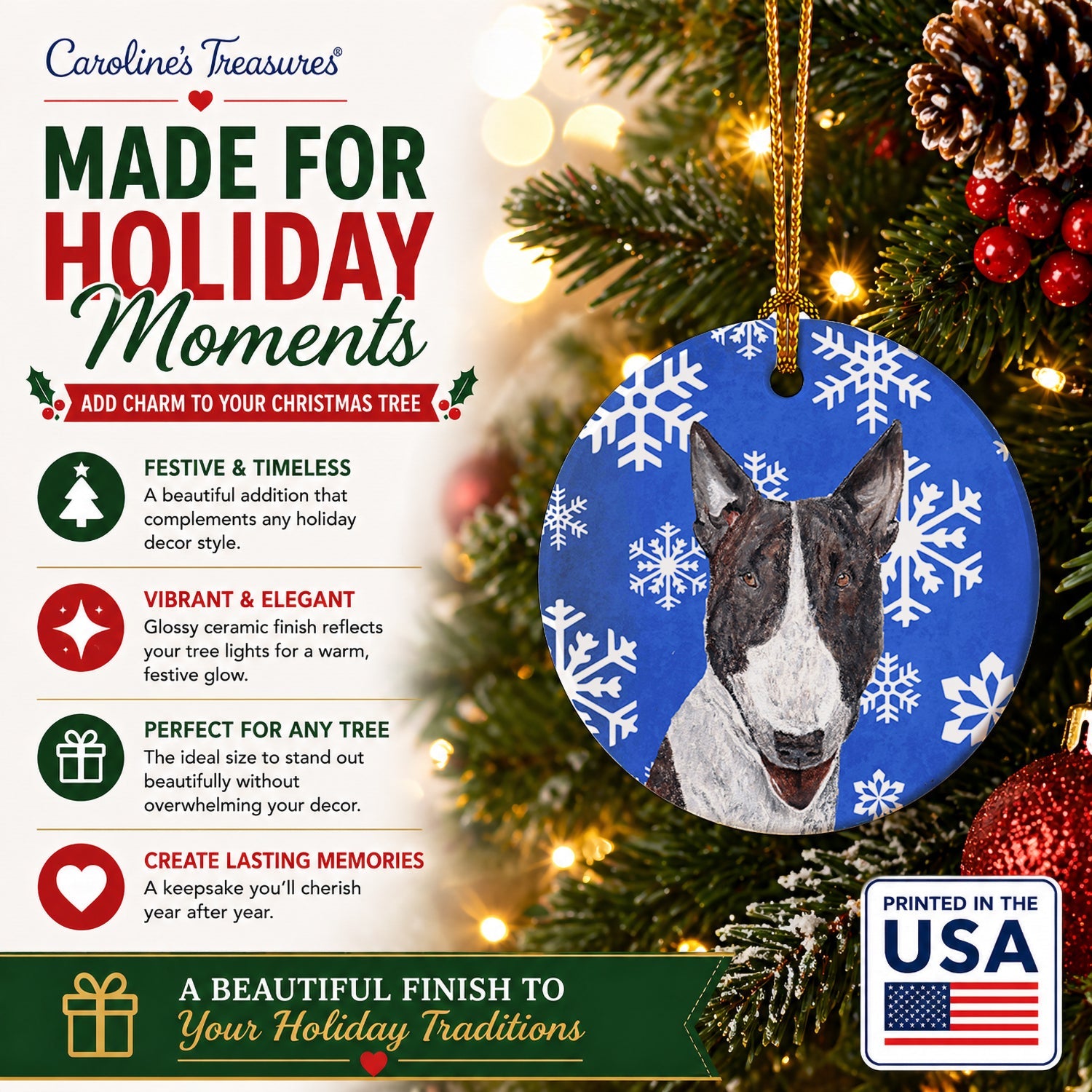 Bull Terrier Winter Snowflakes Ceramic Ornament Christmas Tree Hanging Decorations for Home Christmas Holiday, Party, Gift, 3 in, Multicolor