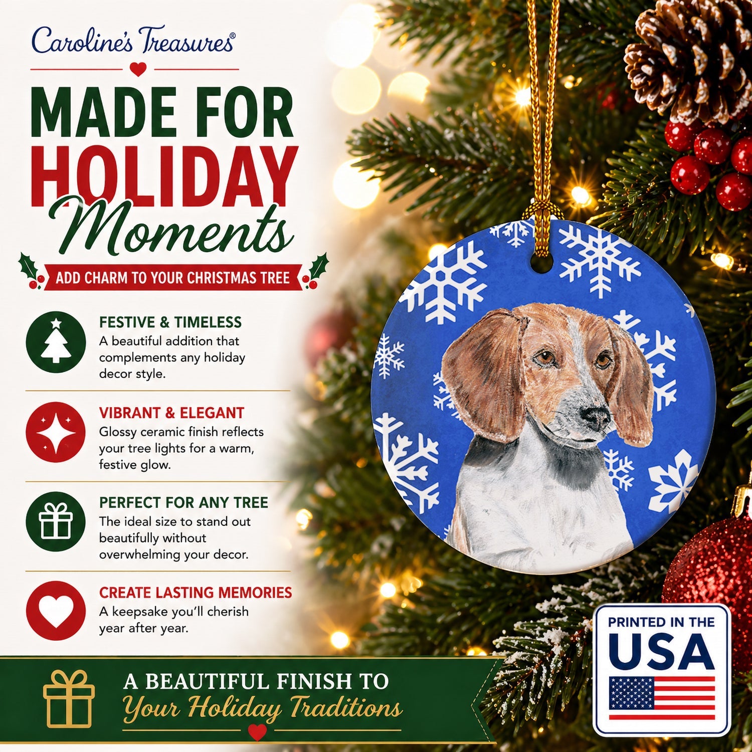 English Foxhound Winter Snowflakes Ceramic Ornament Christmas Tree Hanging Decorations for Home Christmas Holiday, Party, Gift, 3 in, Multicolor