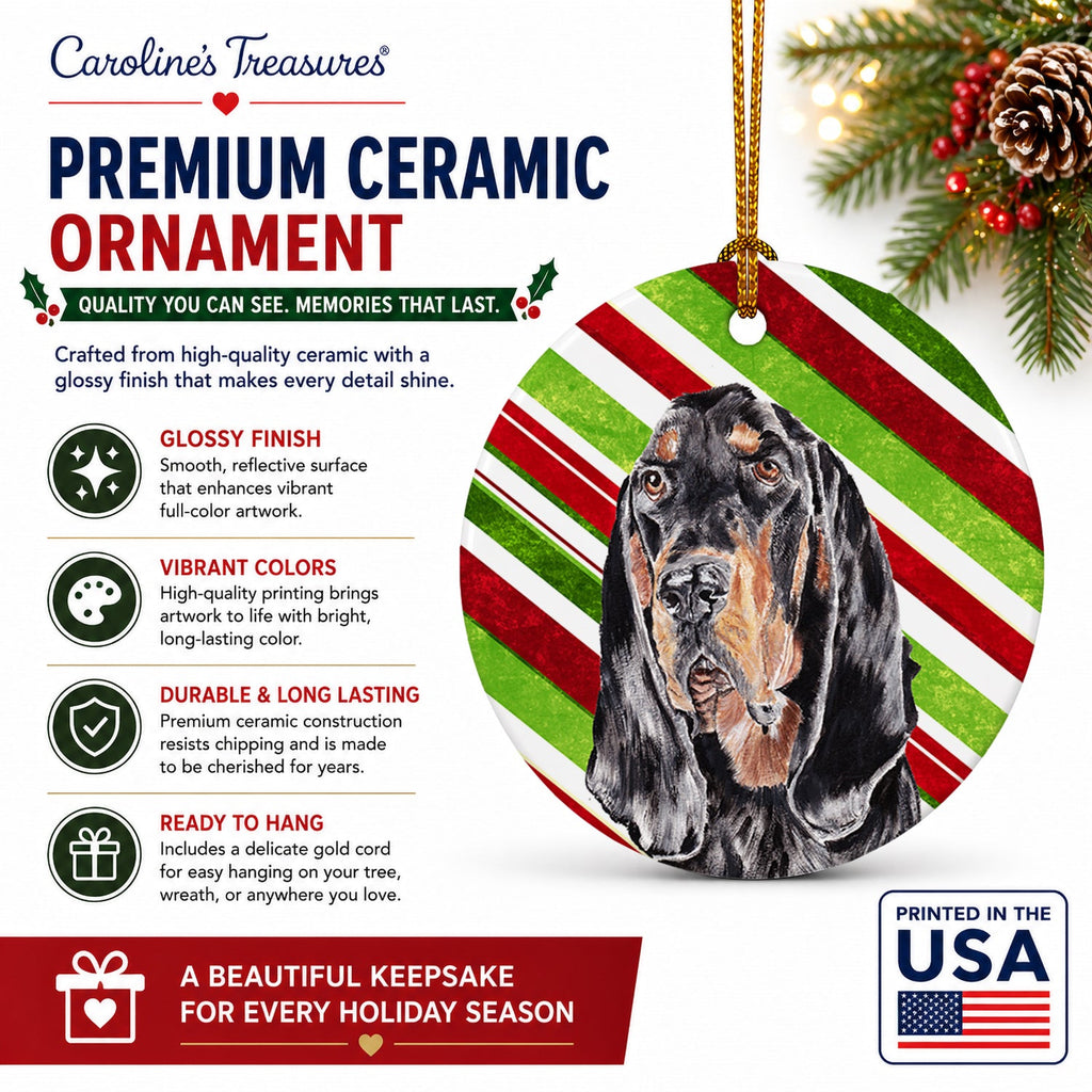 Black and Tan Coonhound Candy Cane Christmas Ceramic Ornament Christmas Tree Hanging Decorations for Home Christmas Holiday, Party, Gift, 3 in, Multicolor