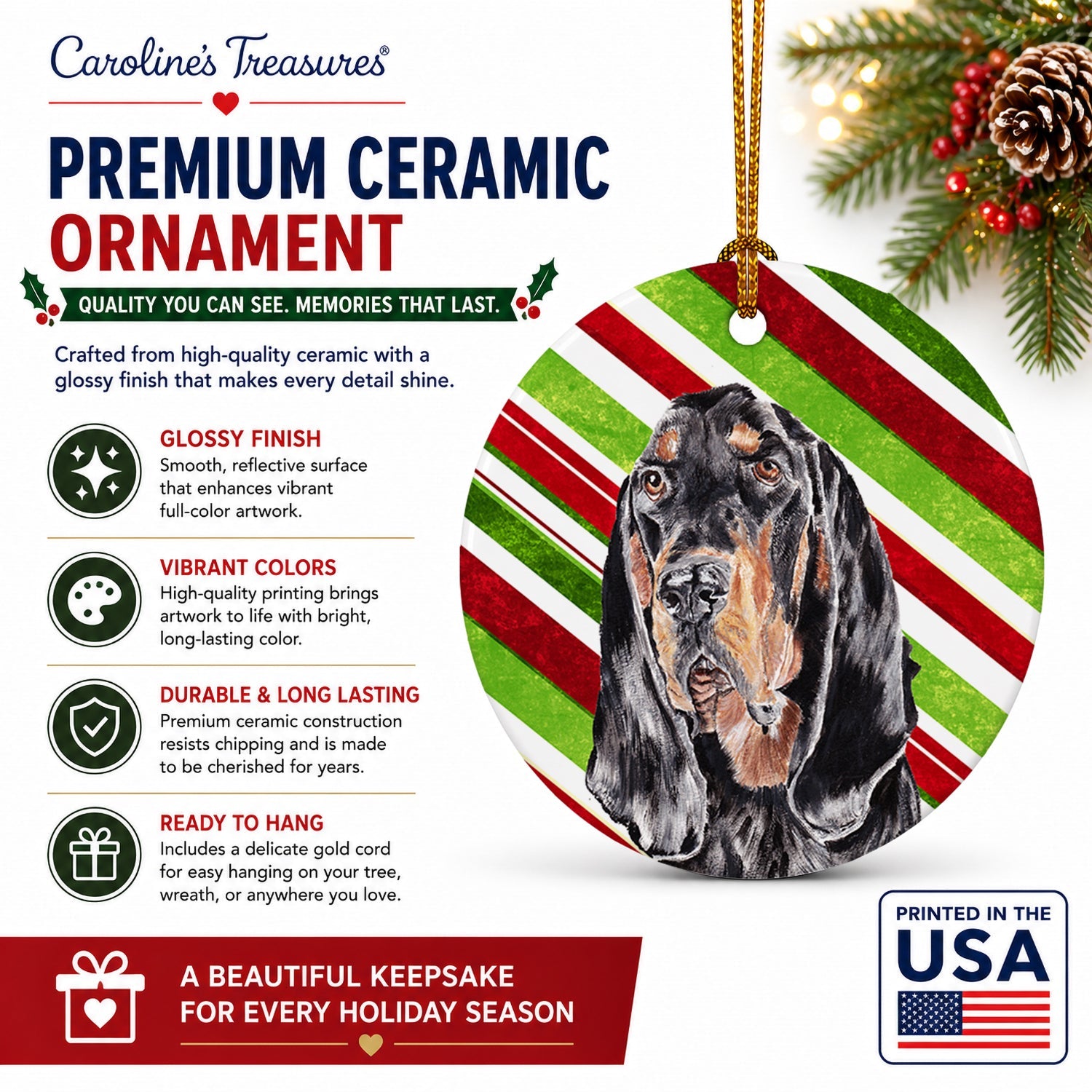 Black and Tan Coonhound Candy Cane Christmas Ceramic Ornament Christmas Tree Hanging Decorations for Home Christmas Holiday, Party, Gift, 3 in, Multicolor