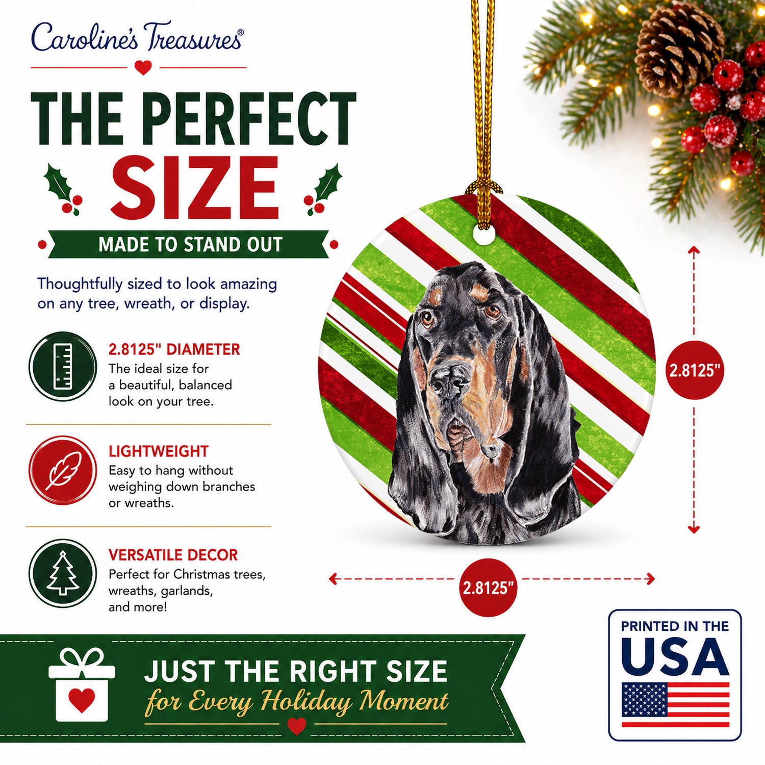 Black and Tan Coonhound Candy Cane Christmas Ceramic Ornament Christmas Tree Hanging Decorations for Home Christmas Holiday, Party, Gift, 3 in, Multicolor