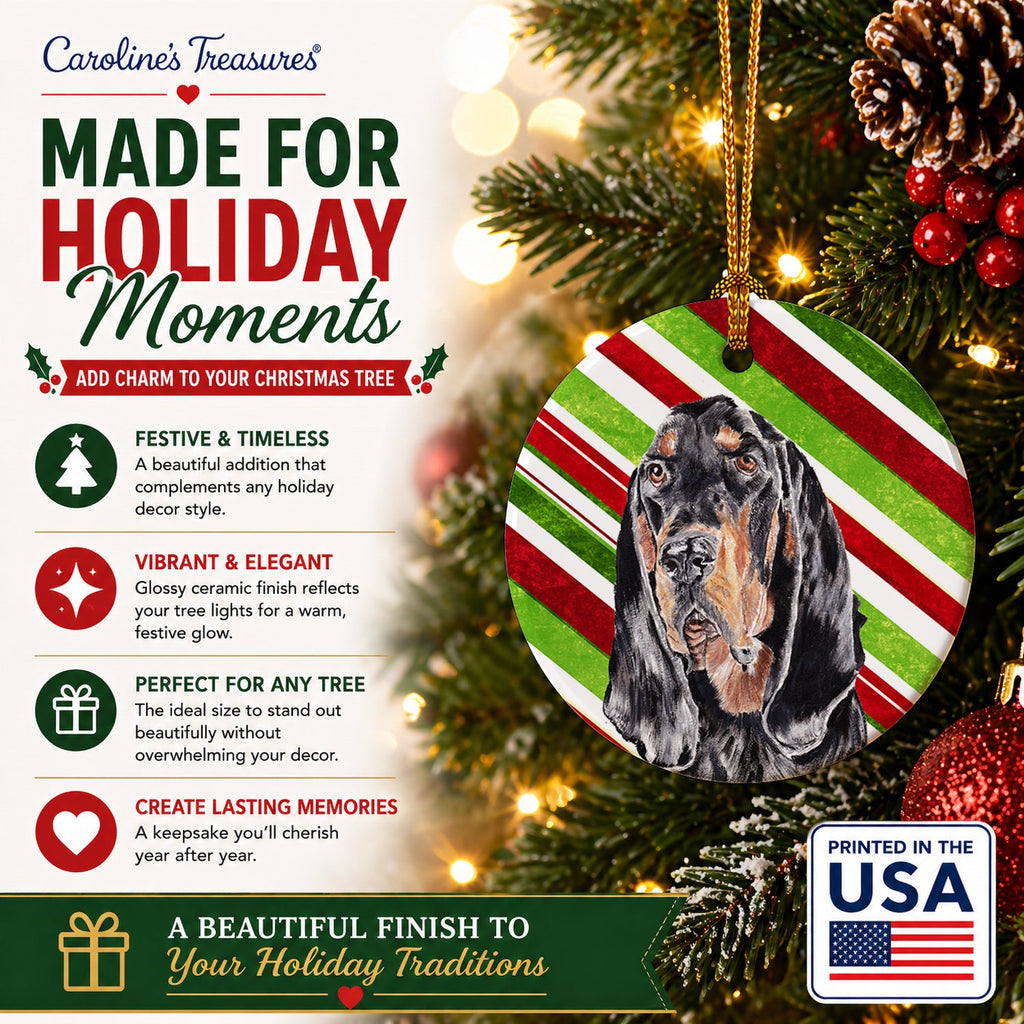 Black and Tan Coonhound Candy Cane Christmas Ceramic Ornament Christmas Tree Hanging Decorations for Home Christmas Holiday, Party, Gift, 3 in, Multicolor