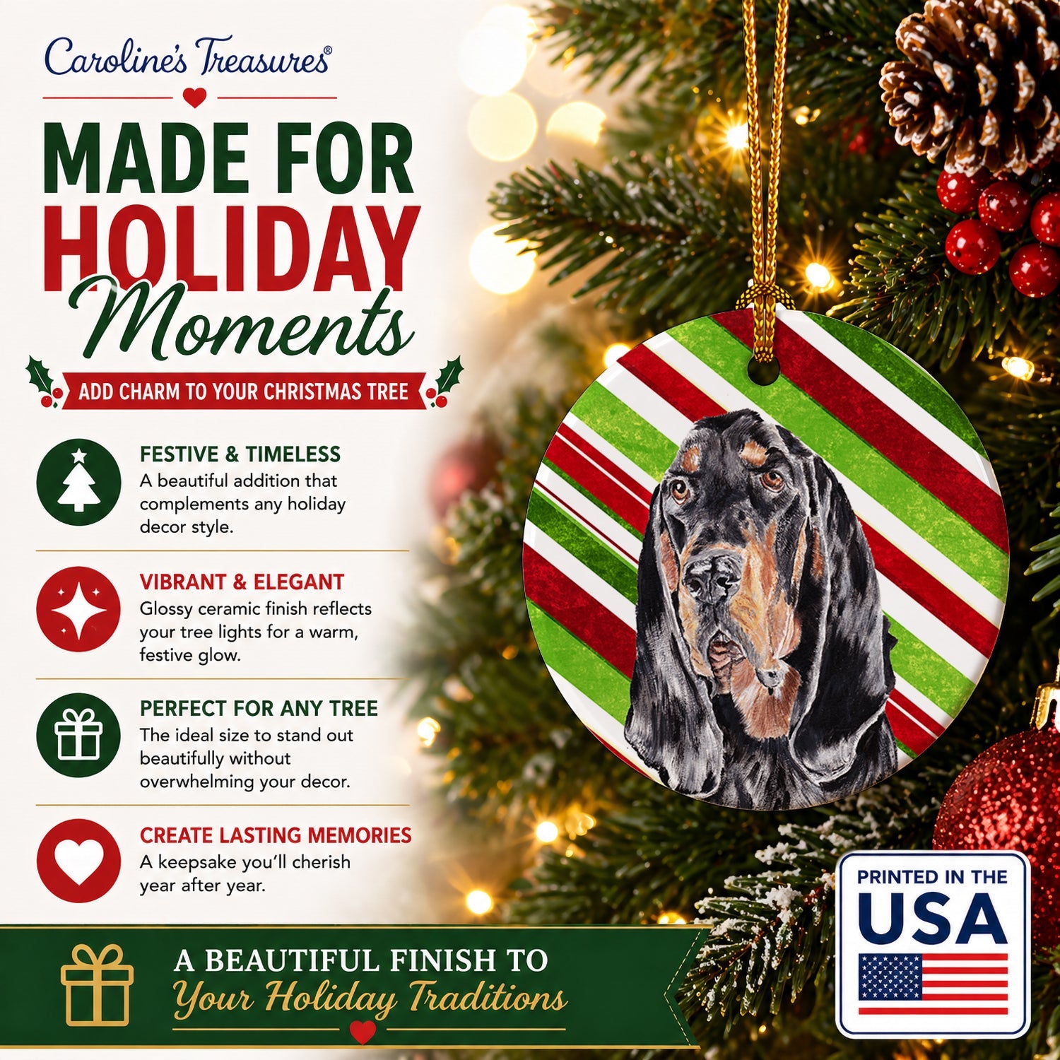 Black and Tan Coonhound Candy Cane Christmas Ceramic Ornament Christmas Tree Hanging Decorations for Home Christmas Holiday, Party, Gift, 3 in, Multicolor