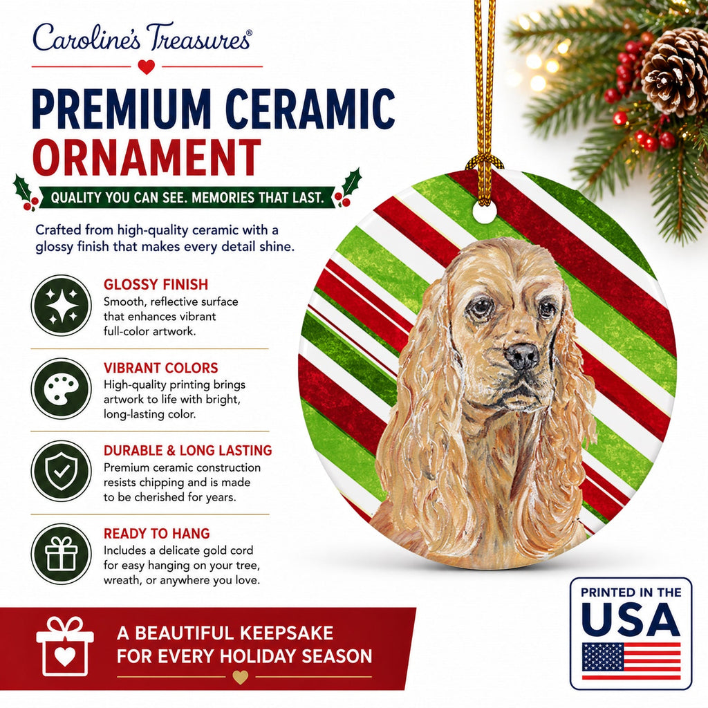 Buff Cocker Spaniel Candy Cane Christmas Ceramic Ornament Christmas Tree Hanging Decorations for Home Christmas Holiday, Party, Gift, 3 in, Multicolor