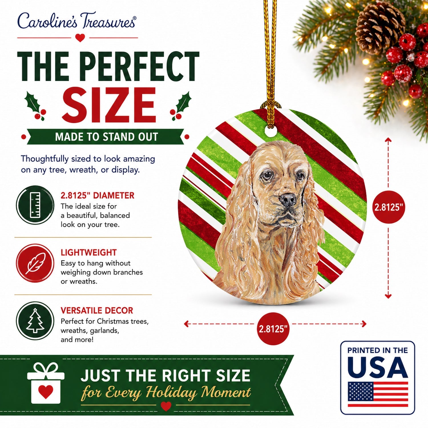 Buff Cocker Spaniel Candy Cane Christmas Ceramic Ornament Christmas Tree Hanging Decorations for Home Christmas Holiday, Party, Gift, 3 in, Multicolor