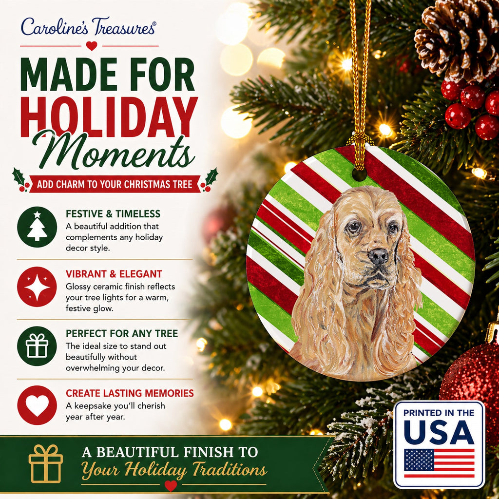 Buff Cocker Spaniel Candy Cane Christmas Ceramic Ornament Christmas Tree Hanging Decorations for Home Christmas Holiday, Party, Gift, 3 in, Multicolor