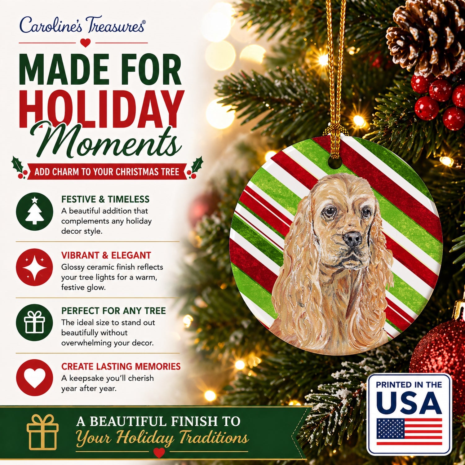 Buff Cocker Spaniel Candy Cane Christmas Ceramic Ornament Christmas Tree Hanging Decorations for Home Christmas Holiday, Party, Gift, 3 in, Multicolor