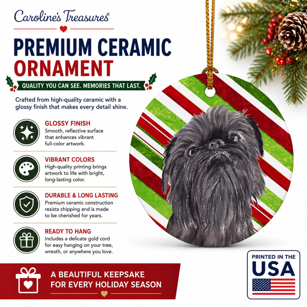 Brussels Griffon Candy Cane Christmas Ceramic Ornament Christmas Tree Hanging Decorations for Home Christmas Holiday, Party, Gift, 3 in, Multicolor