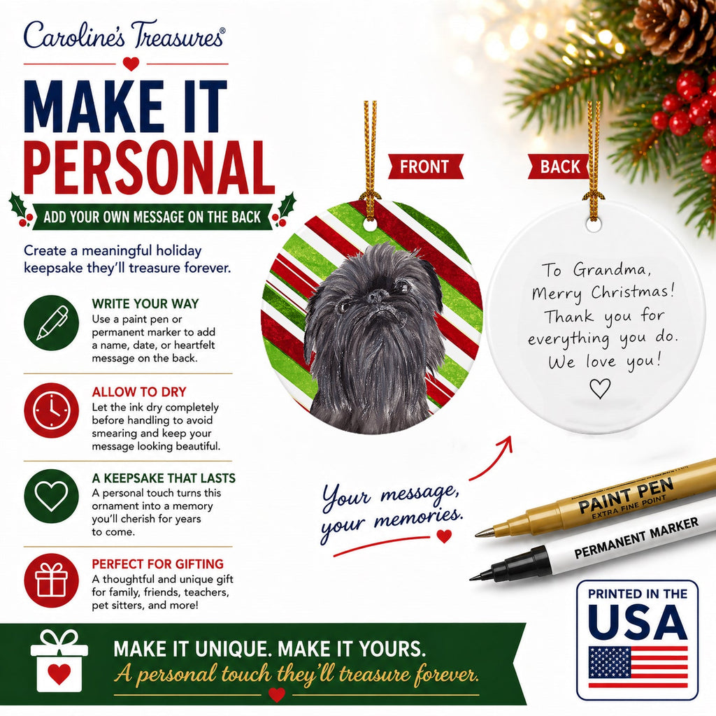 Brussels Griffon Candy Cane Christmas Ceramic Ornament Christmas Tree Hanging Decorations for Home Christmas Holiday, Party, Gift, 3 in, Multicolor
