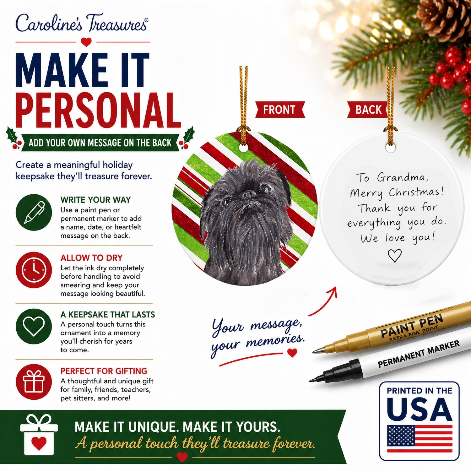 Brussels Griffon Candy Cane Christmas Ceramic Ornament Christmas Tree Hanging Decorations for Home Christmas Holiday, Party, Gift, 3 in, Multicolor