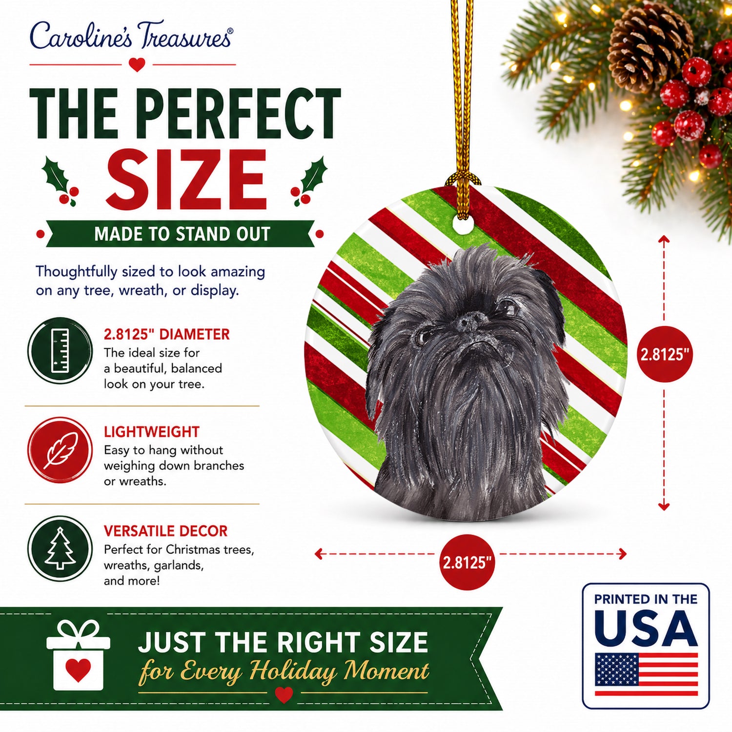Brussels Griffon Candy Cane Christmas Ceramic Ornament Christmas Tree Hanging Decorations for Home Christmas Holiday, Party, Gift, 3 in, Multicolor