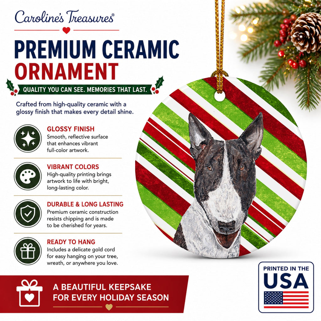 Bull Terrier Candy Cane Christmas Ceramic Ornament Christmas Tree Hanging Decorations for Home Christmas Holiday, Party, Gift, 3 in, Multicolor