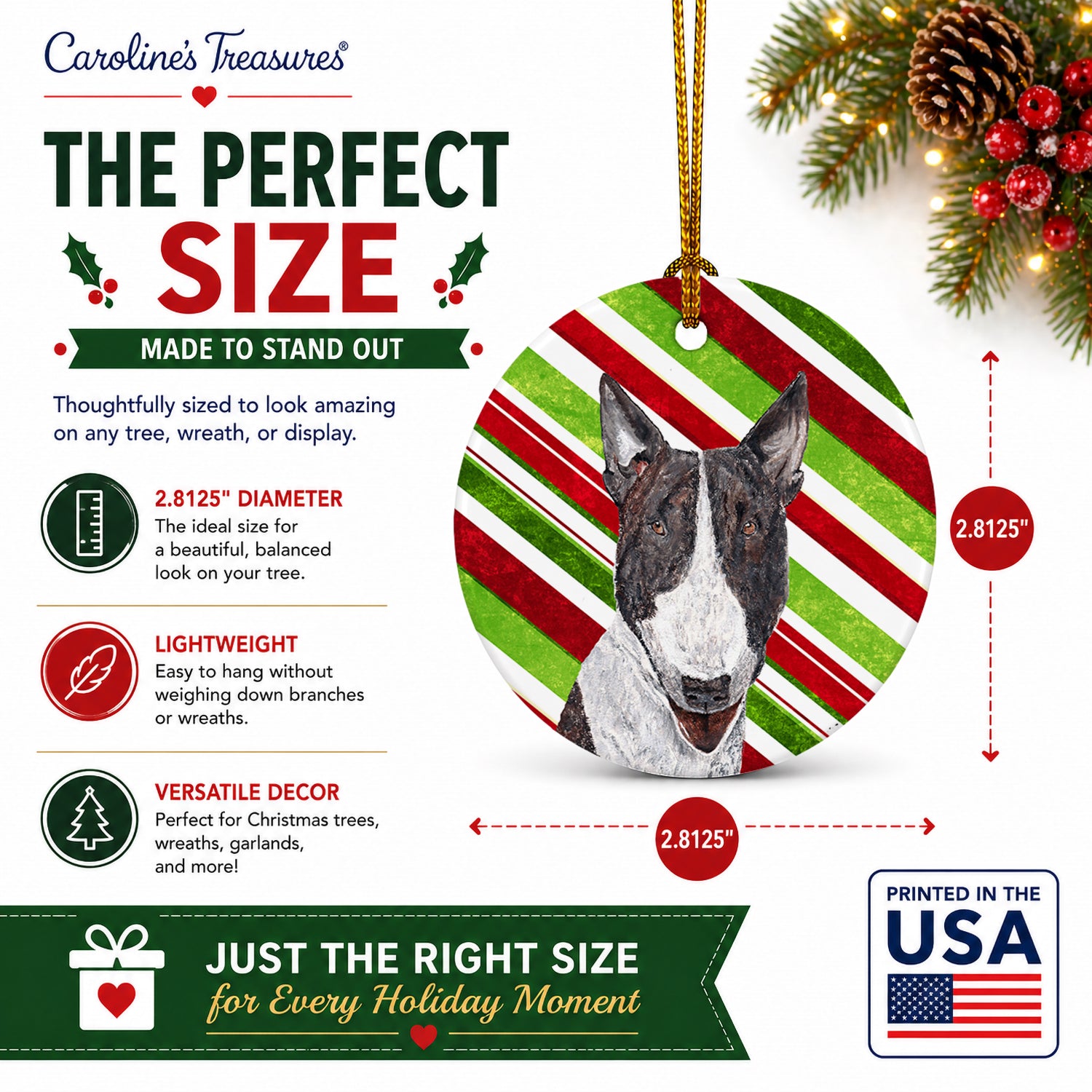 Bull Terrier Candy Cane Christmas Ceramic Ornament Christmas Tree Hanging Decorations for Home Christmas Holiday, Party, Gift, 3 in, Multicolor