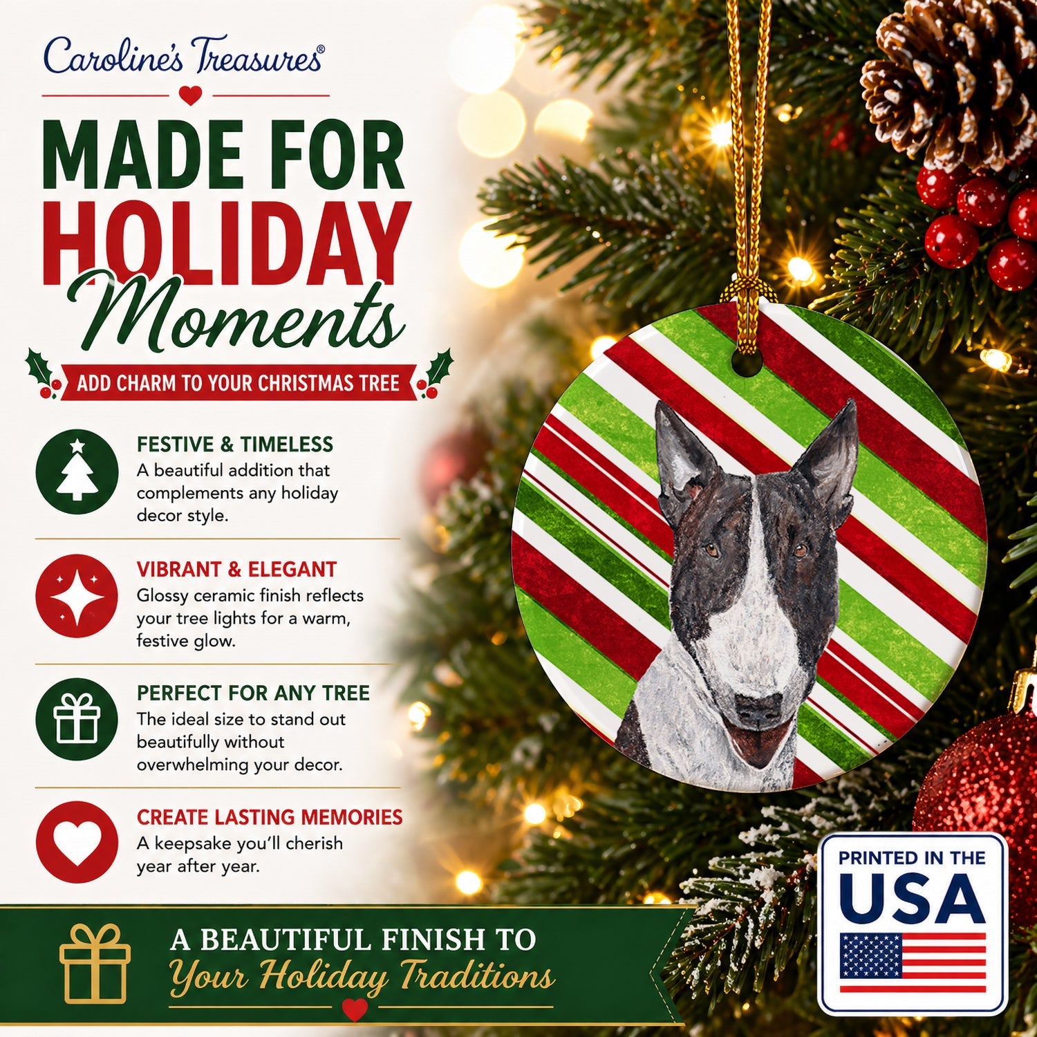 Bull Terrier Candy Cane Christmas Ceramic Ornament Christmas Tree Hanging Decorations for Home Christmas Holiday, Party, Gift, 3 in, Multicolor