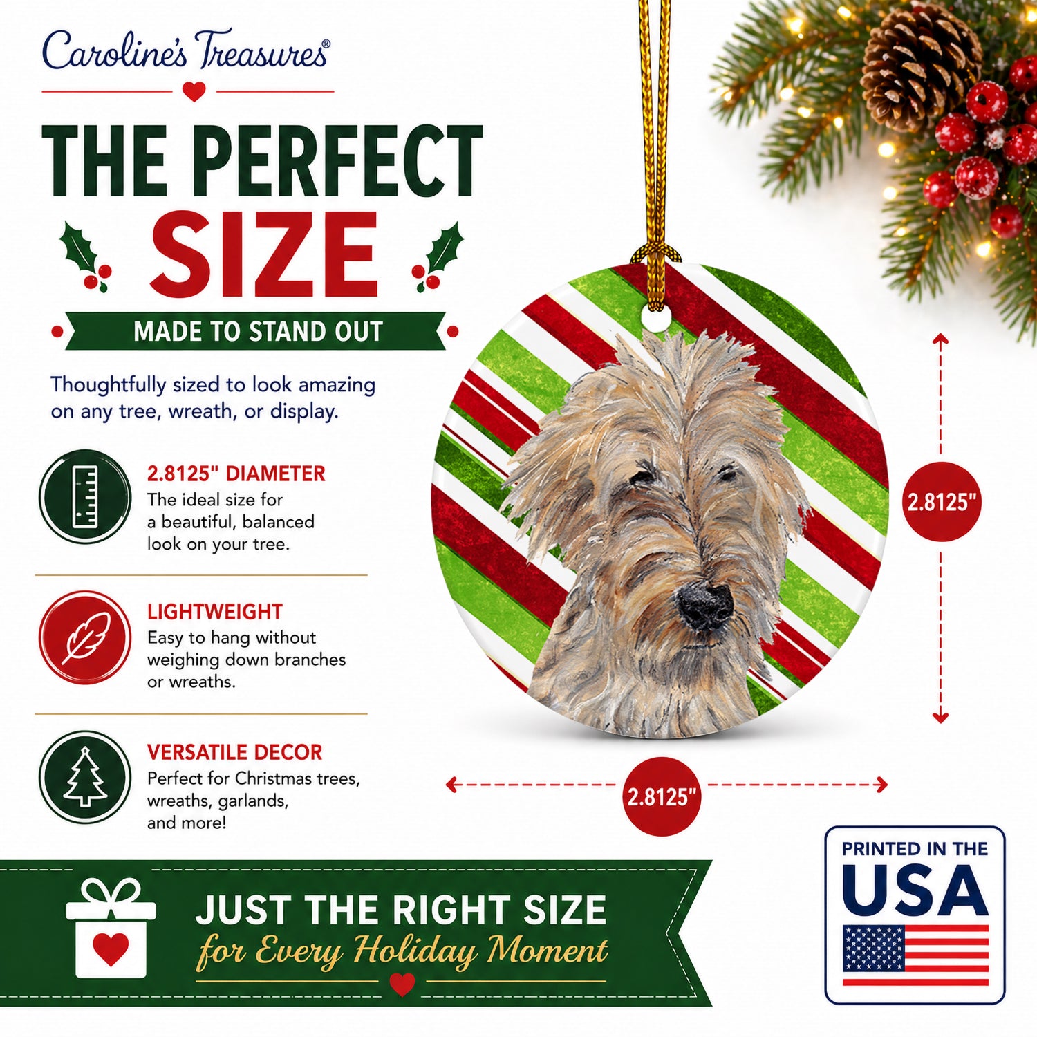 Golden Doodle Candy Cane Christmas Ceramic Ornament Christmas Tree Hanging Decorations for Home Christmas Holiday, Party, Gift, 3 in, Multicolor