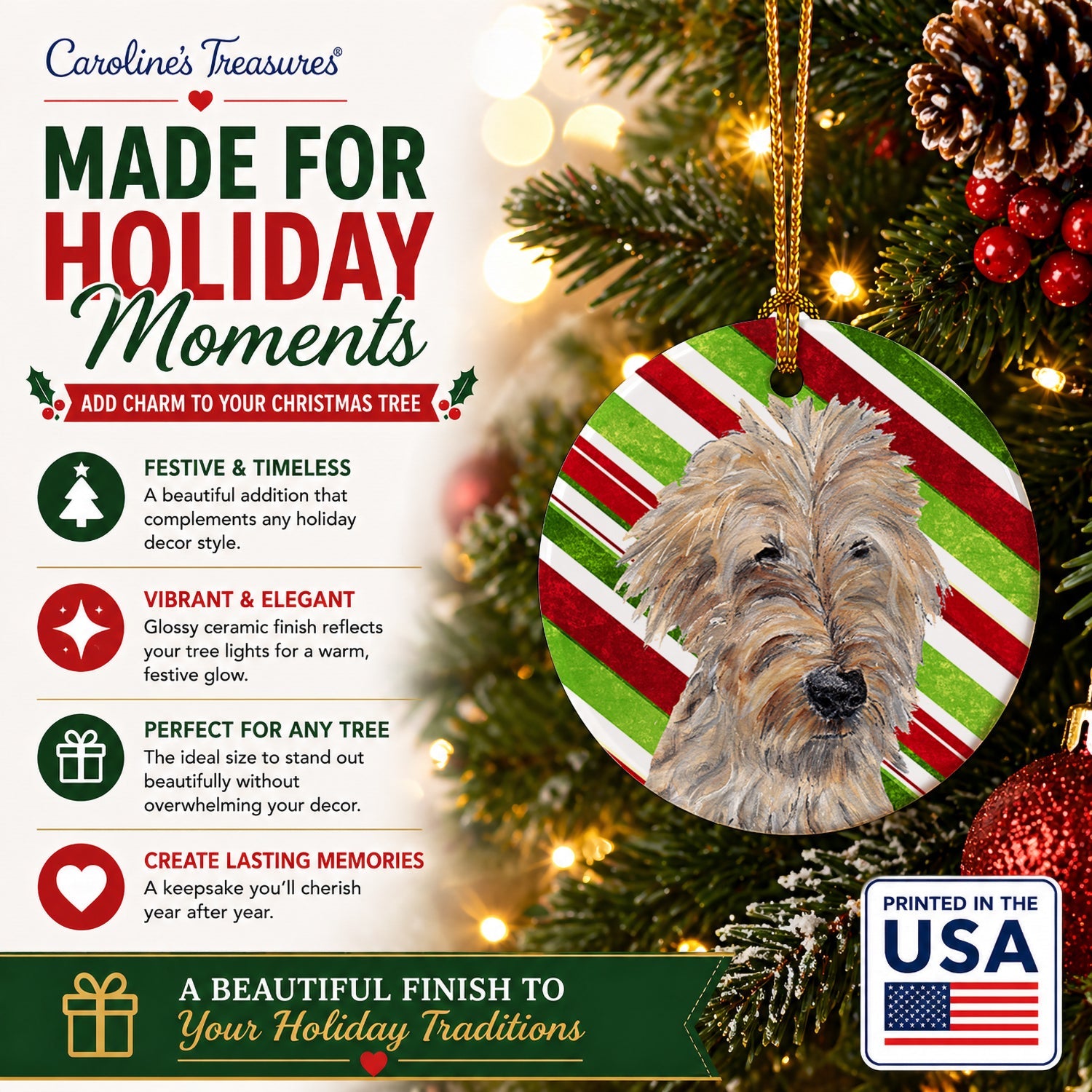 Golden Doodle Candy Cane Christmas Ceramic Ornament Christmas Tree Hanging Decorations for Home Christmas Holiday, Party, Gift, 3 in, Multicolor