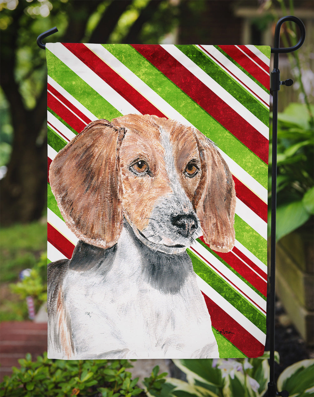 English Foxhound Candy Cane Christmas Garden Flag Mailbox Decorative Yard Banner Outside Patio Artwork for Flower Beds, Garden Size, Multicolor