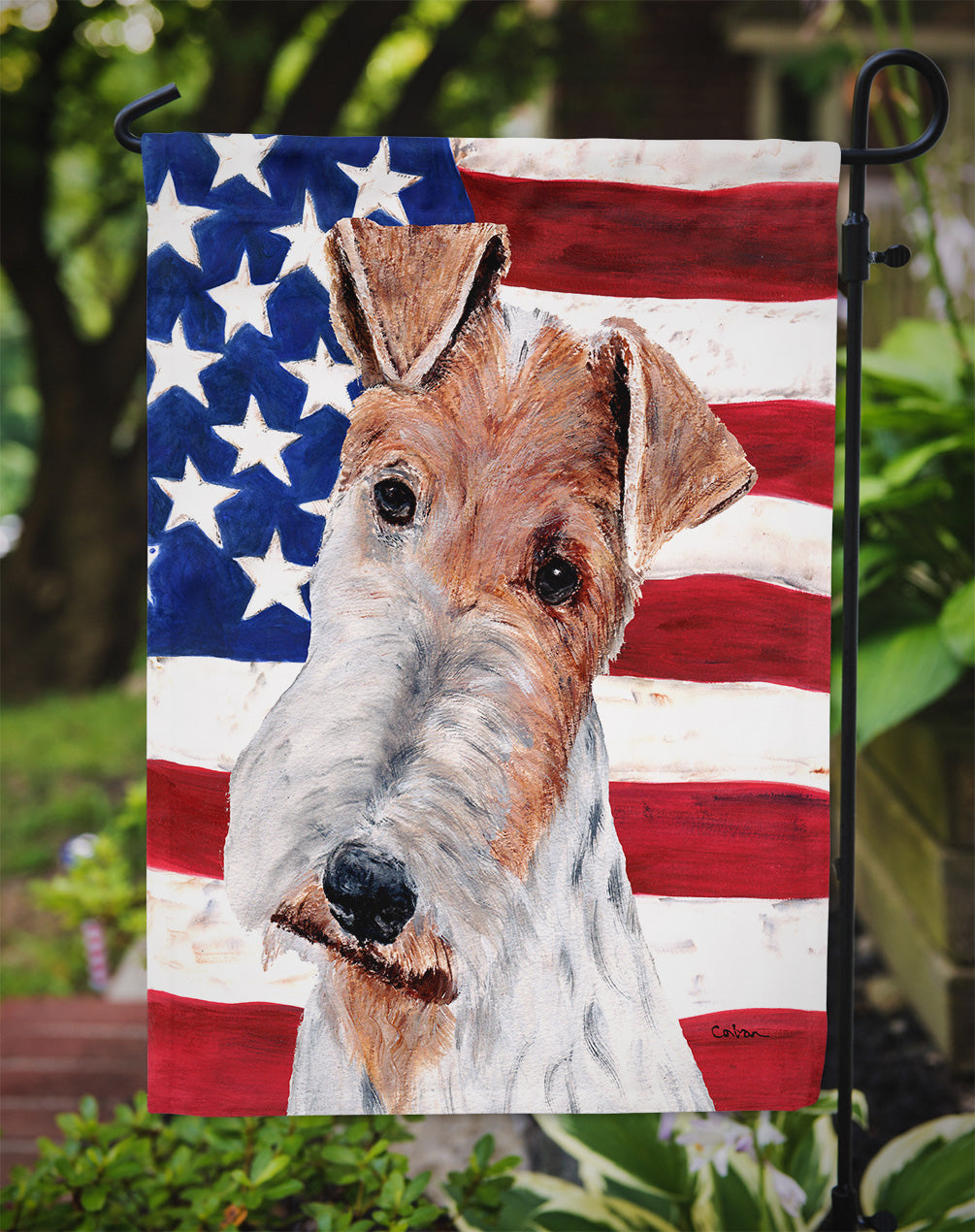 Wire Fox Terrier with American Flag USA Garden Flag Mailbox Decorative Yard Banner Outside Patio Artwork for Flower Beds, Garden Size, Multicolor