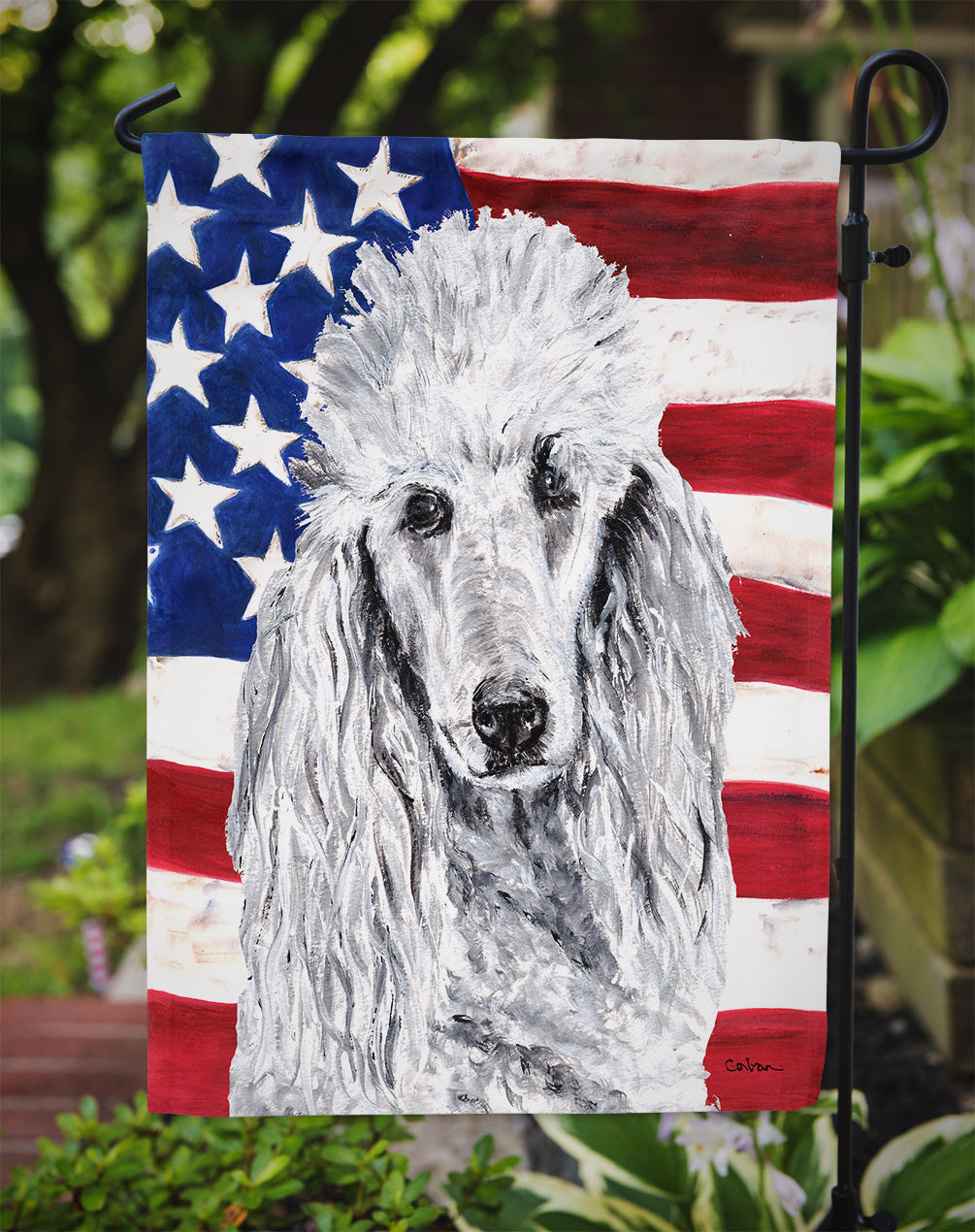 White Standard Poodle with American Flag USA Garden Flag Mailbox Decorative Yard Banner Outside Patio Artwork for Flower Beds, Garden Size, Multicolor