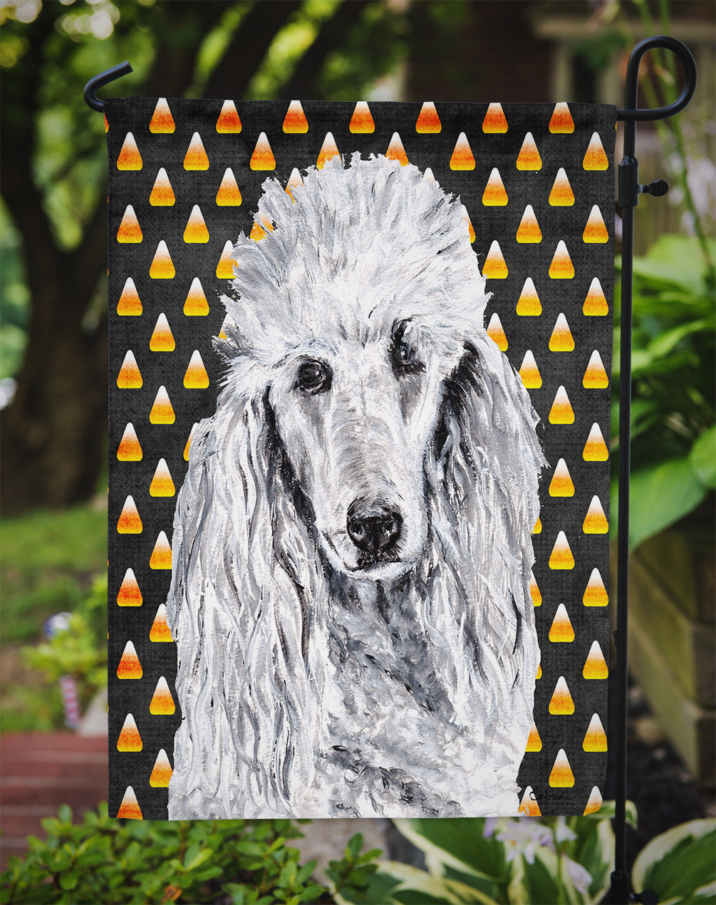 White Standard Poodle Candy Corn Halloween Garden Flag Mailbox Decorative Yard Banner Outside Patio Artwork for Flower Beds, Garden Size, Multicolor