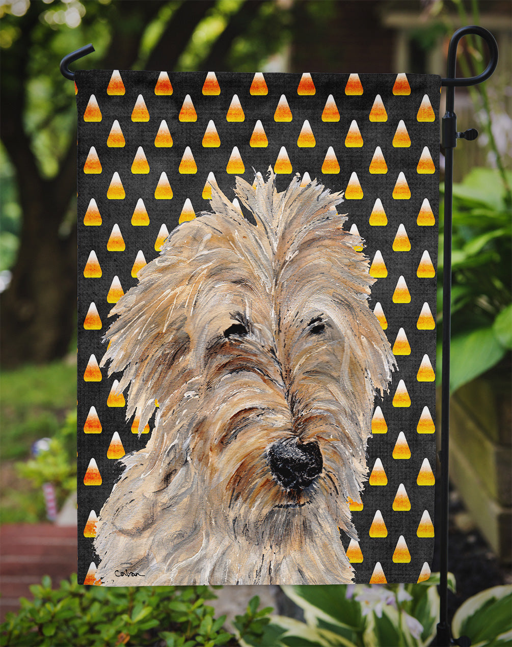 Golden Doodle 2 Candy Corn Halloween Garden Flag Mailbox Decorative Yard Banner Outside Patio Artwork for Flower Beds, Garden Size, Multicolor