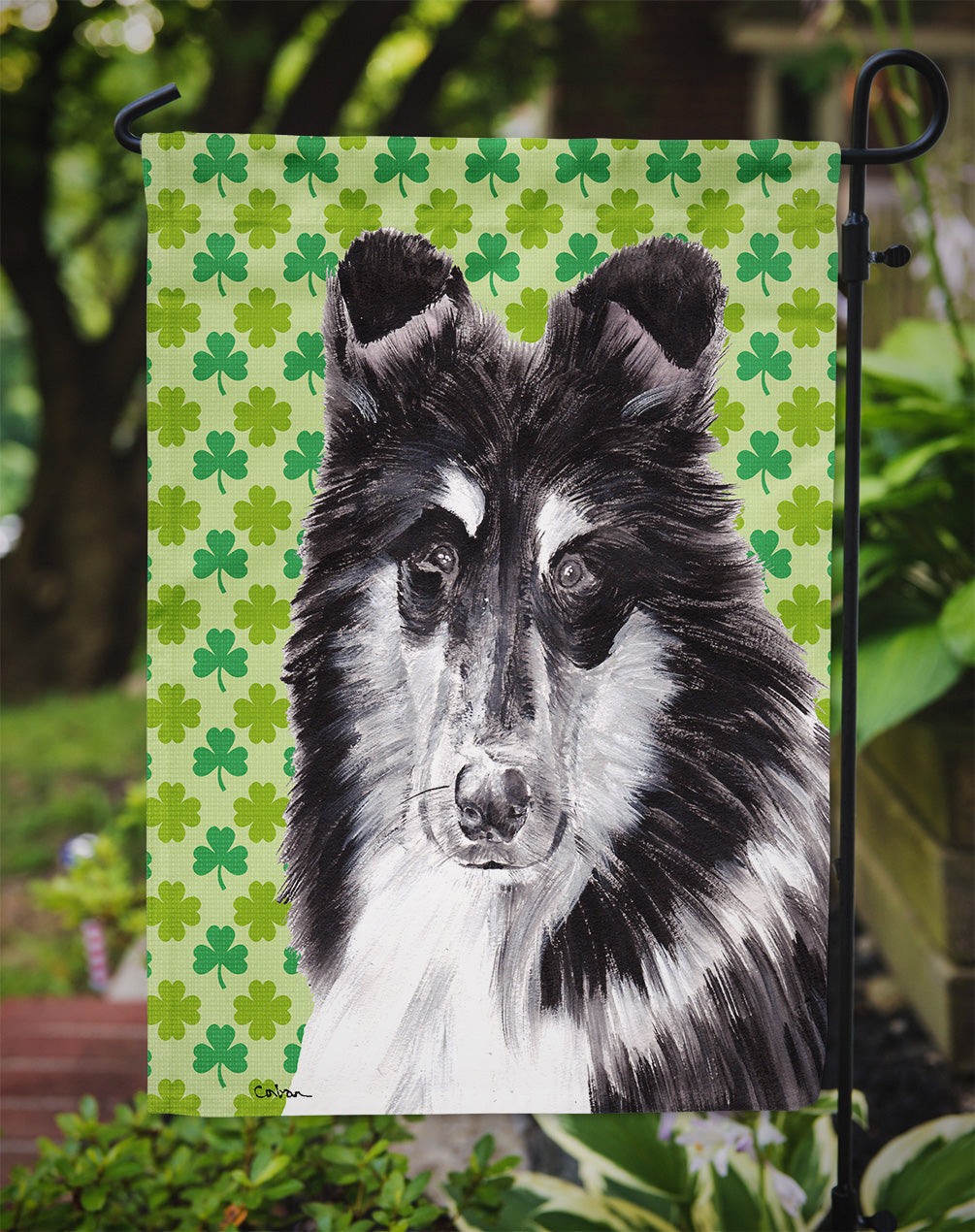 Black and White Collie Lucky Shamrock St. Patrick's Day Garden Flag Mailbox Decorative Yard Banner Outside Patio Artwork for Flower Beds, Garden Size, Multicolor