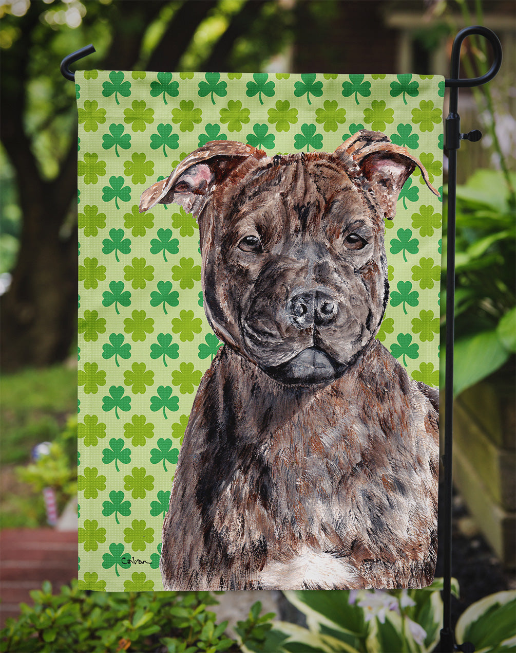 Staffordshire Bull Terrier Staffie Lucky Shamrock St. Patrick's Day Garden Flag Mailbox Decorative Yard Banner Outside Patio Artwork for Flower Beds, Garden Size, Multicolor