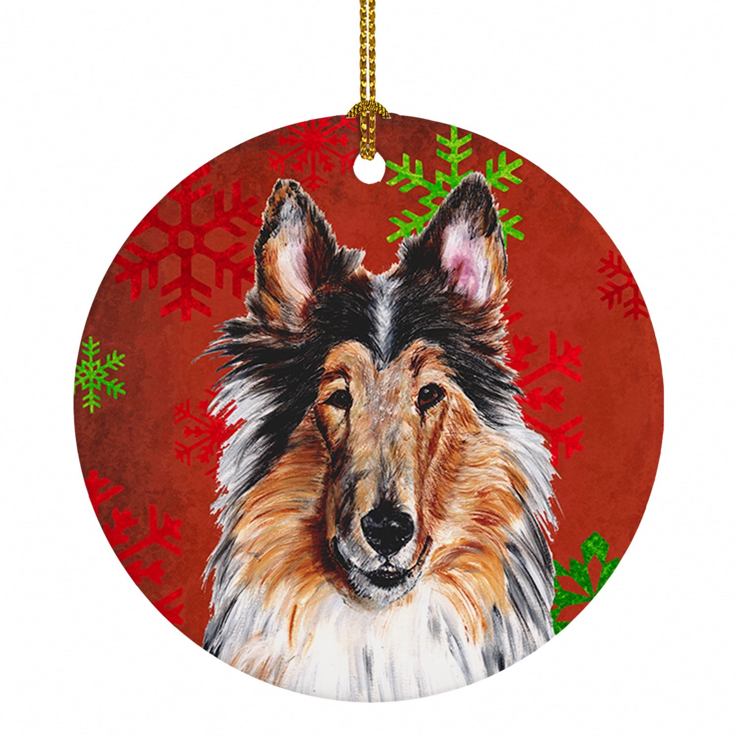 Collie Red Snowflakes Holiday Ceramic Ornament Christmas Tree Hanging Decorations for Home Christmas Holiday, Party, Gift, 3 in, Multicolor