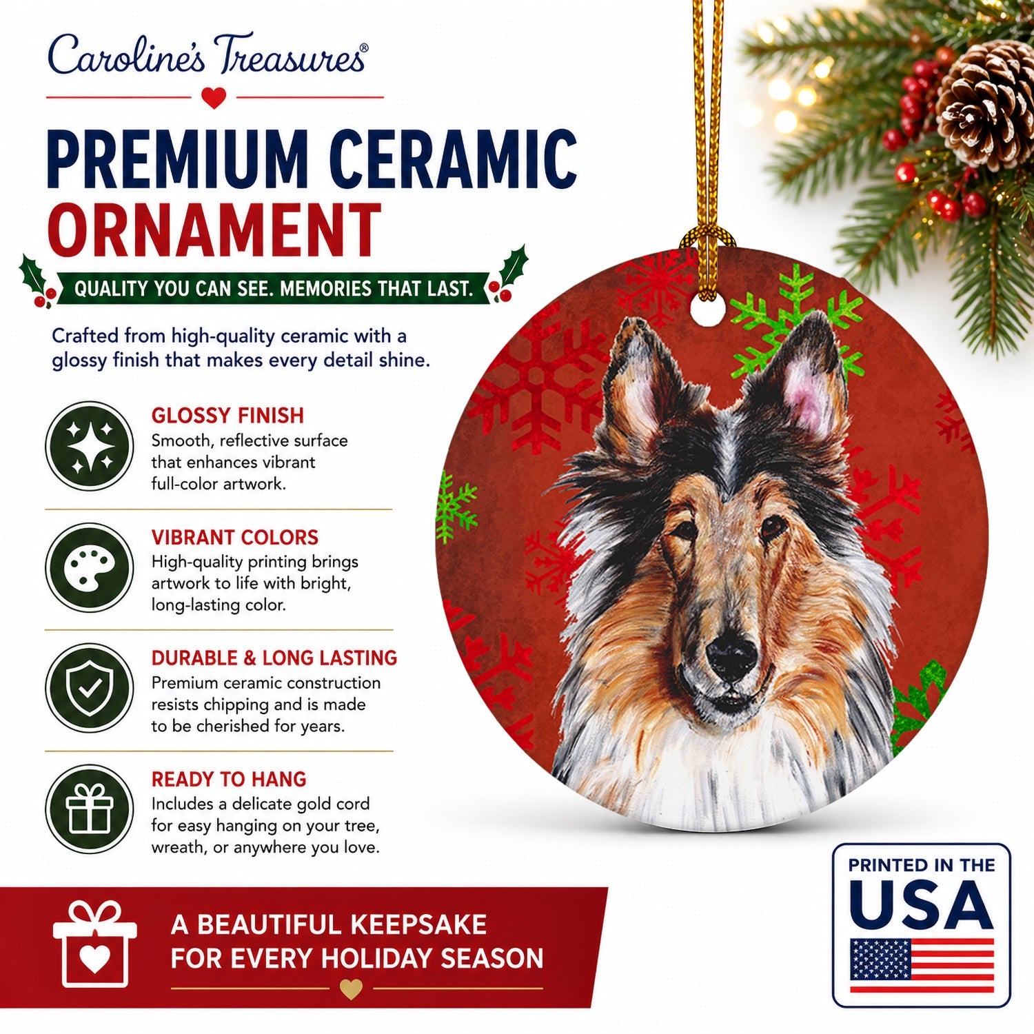 Collie Red Snowflakes Holiday Ceramic Ornament Christmas Tree Hanging Decorations for Home Christmas Holiday, Party, Gift, 3 in, Multicolor