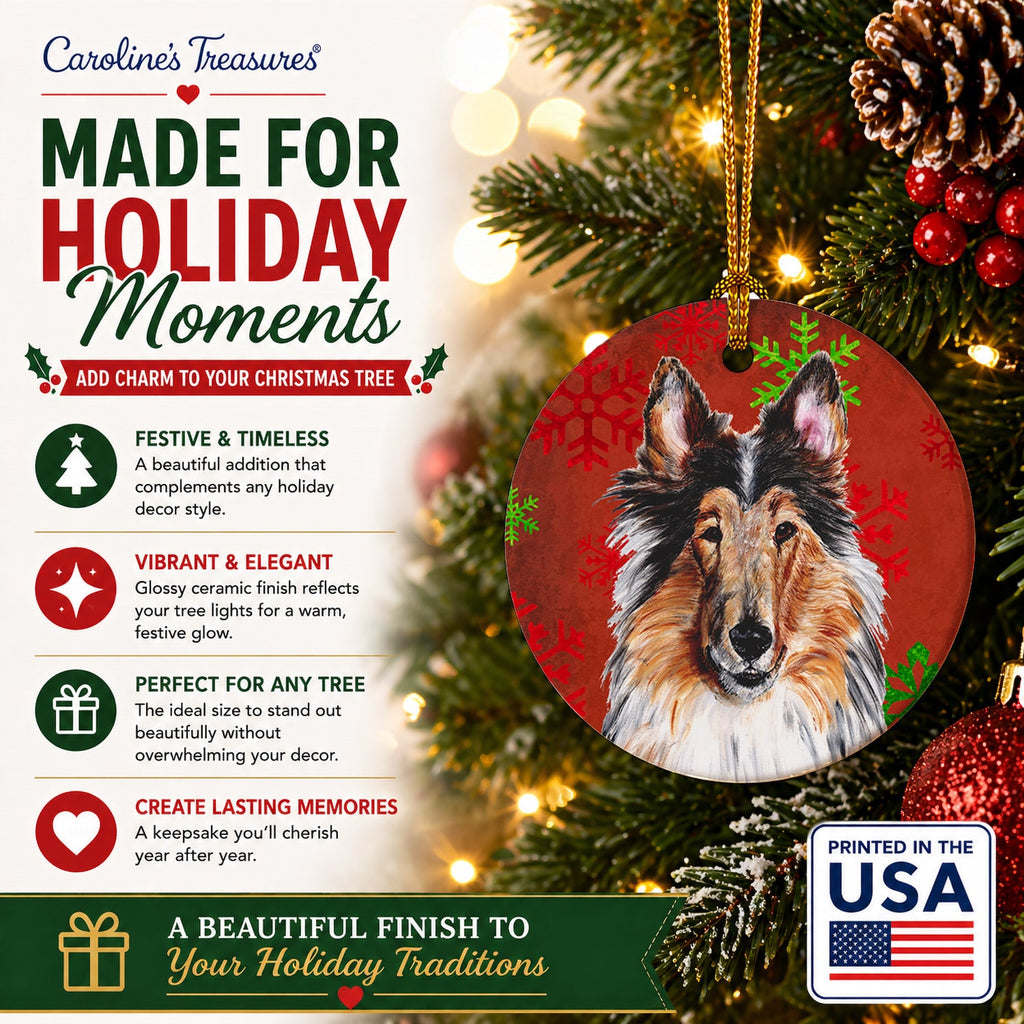 Collie Red Snowflakes Holiday Ceramic Ornament Christmas Tree Hanging Decorations for Home Christmas Holiday, Party, Gift, 3 in, Multicolor