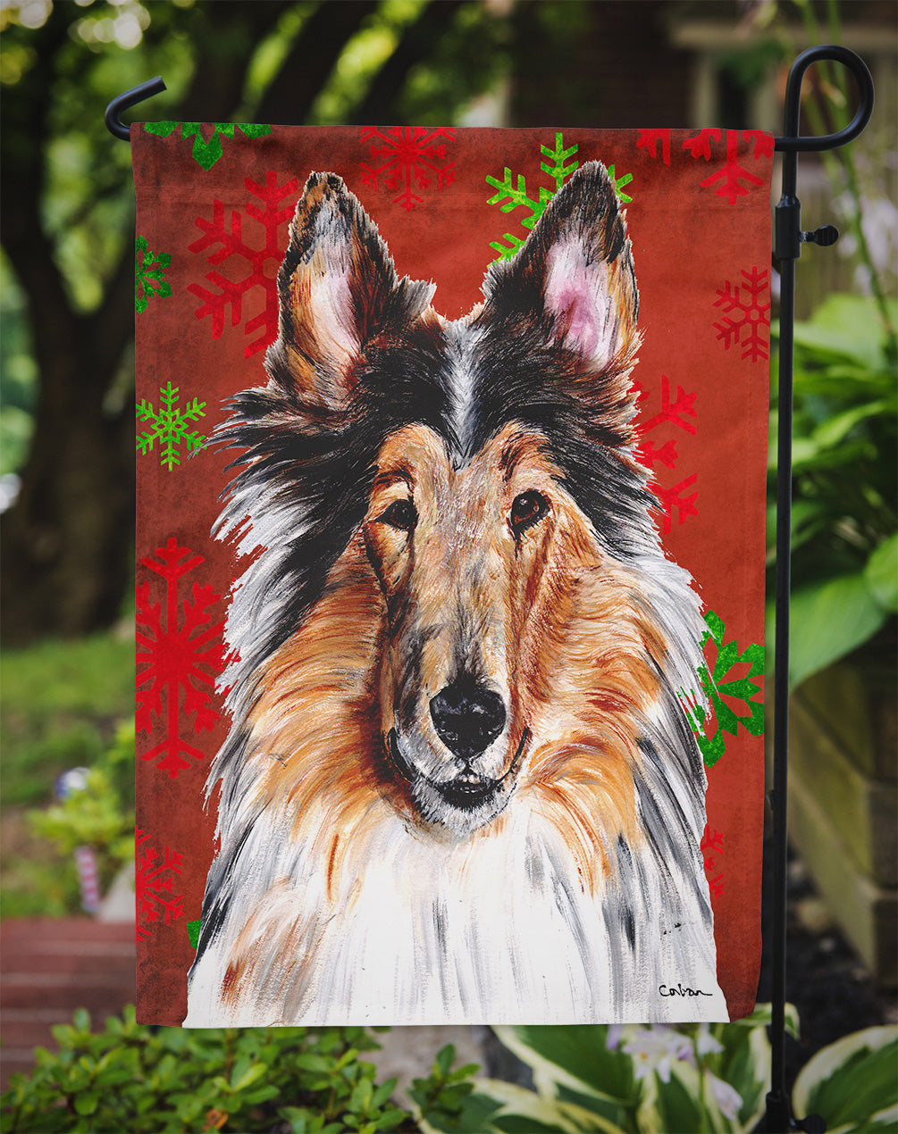 Collie Red Snowflakes Holiday Garden Flag Mailbox Decorative Yard Banner Outside Patio Artwork for Flower Beds, Garden Size, Multicolor