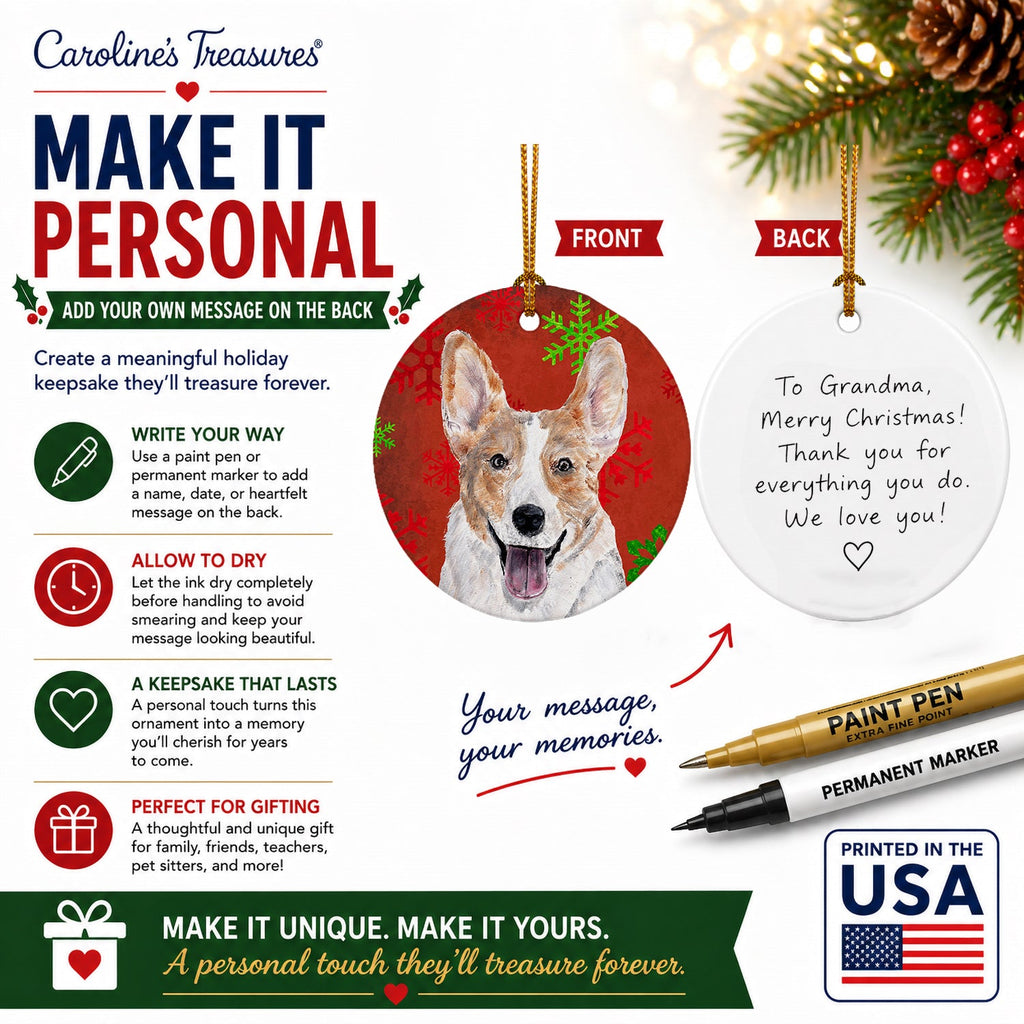 Cardigan Corgi Red Snowflakes Holiday Ceramic Ornament Christmas Tree Hanging Decorations for Home Christmas Holiday, Party, Gift, 3 in, Multicolor