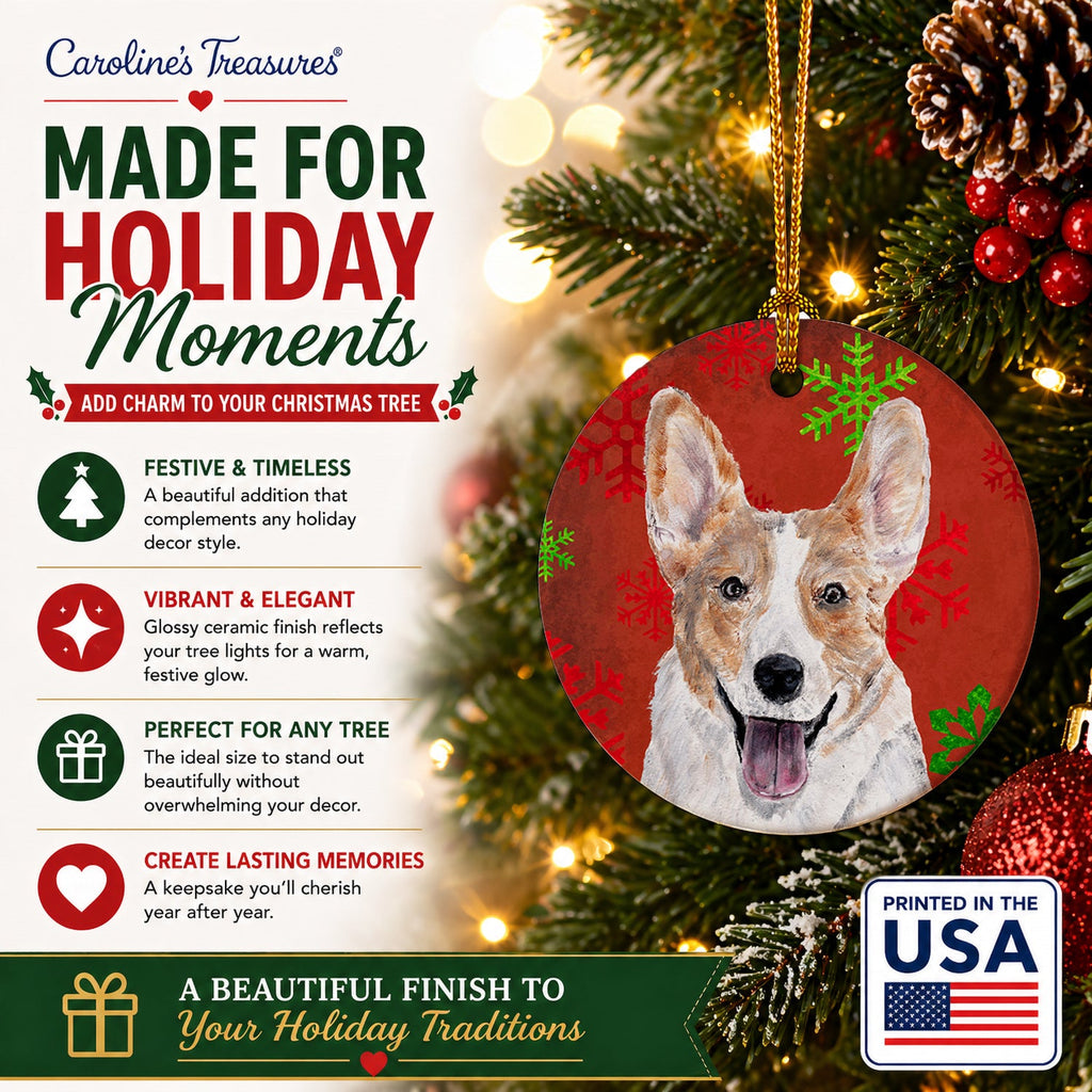 Cardigan Corgi Red Snowflakes Holiday Ceramic Ornament Christmas Tree Hanging Decorations for Home Christmas Holiday, Party, Gift, 3 in, Multicolor