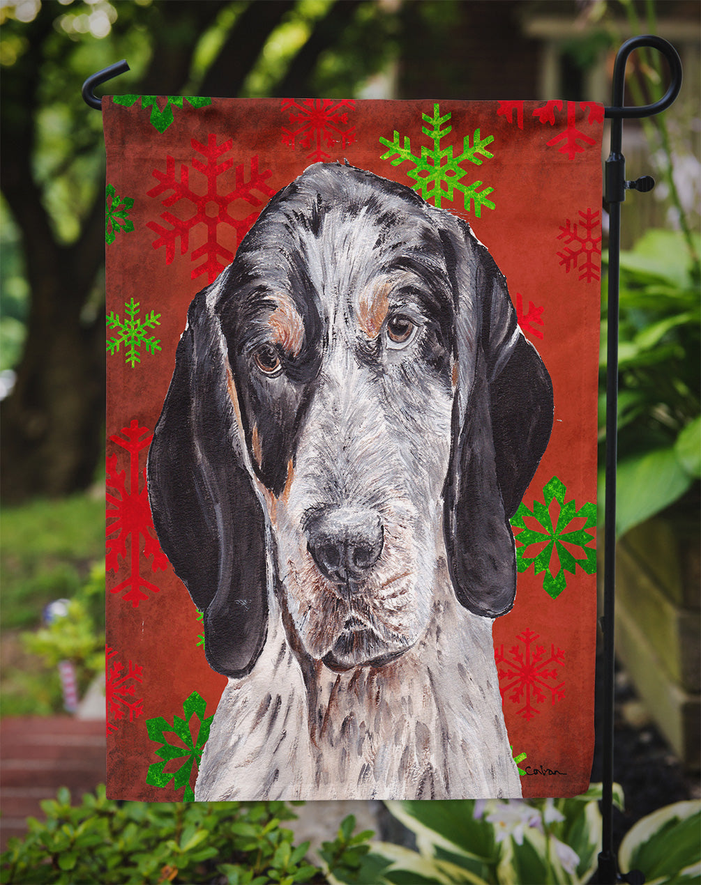Blue Tick Coonhound Red Snowflakes Holiday Garden Flag Mailbox Decorative Yard Banner Outside Patio Artwork for Flower Beds, Garden Size, Multicolor