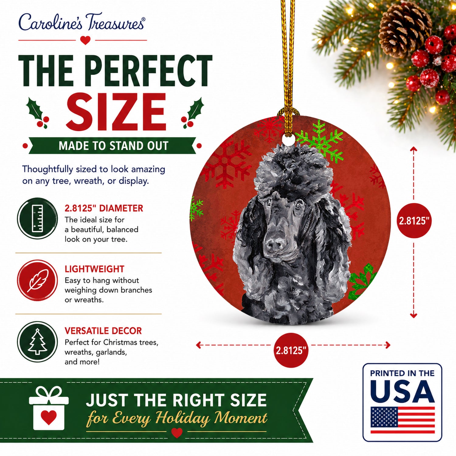Black Standard Poodle Red Snowflakes Holiday Ceramic Ornament Christmas Tree Hanging Decorations for Home Christmas Holiday, Party, Gift, 3 in, Multicolor