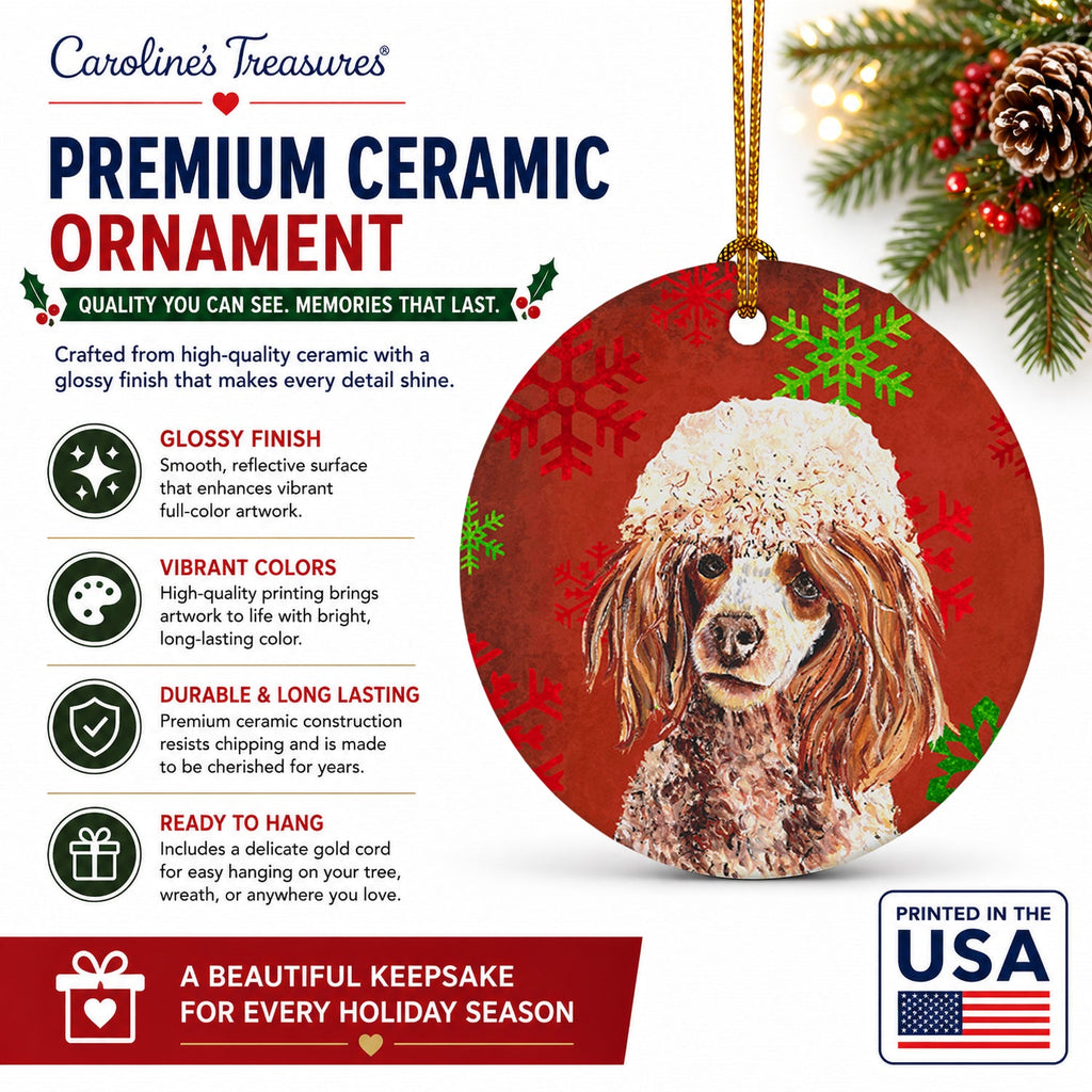 Red Miniature Poodle Red Snowflakes Holiday Ceramic Ornament Christmas Tree Hanging Decorations for Home Christmas Holiday, Party, Gift, 3 in, Multicolor