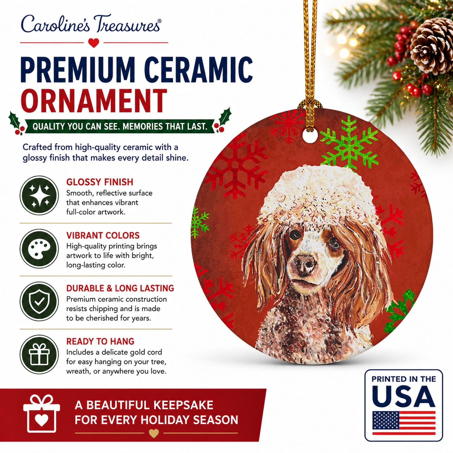 Red Miniature Poodle Red Snowflakes Holiday Ceramic Ornament Christmas Tree Hanging Decorations for Home Christmas Holiday, Party, Gift, 3 in, Multicolor